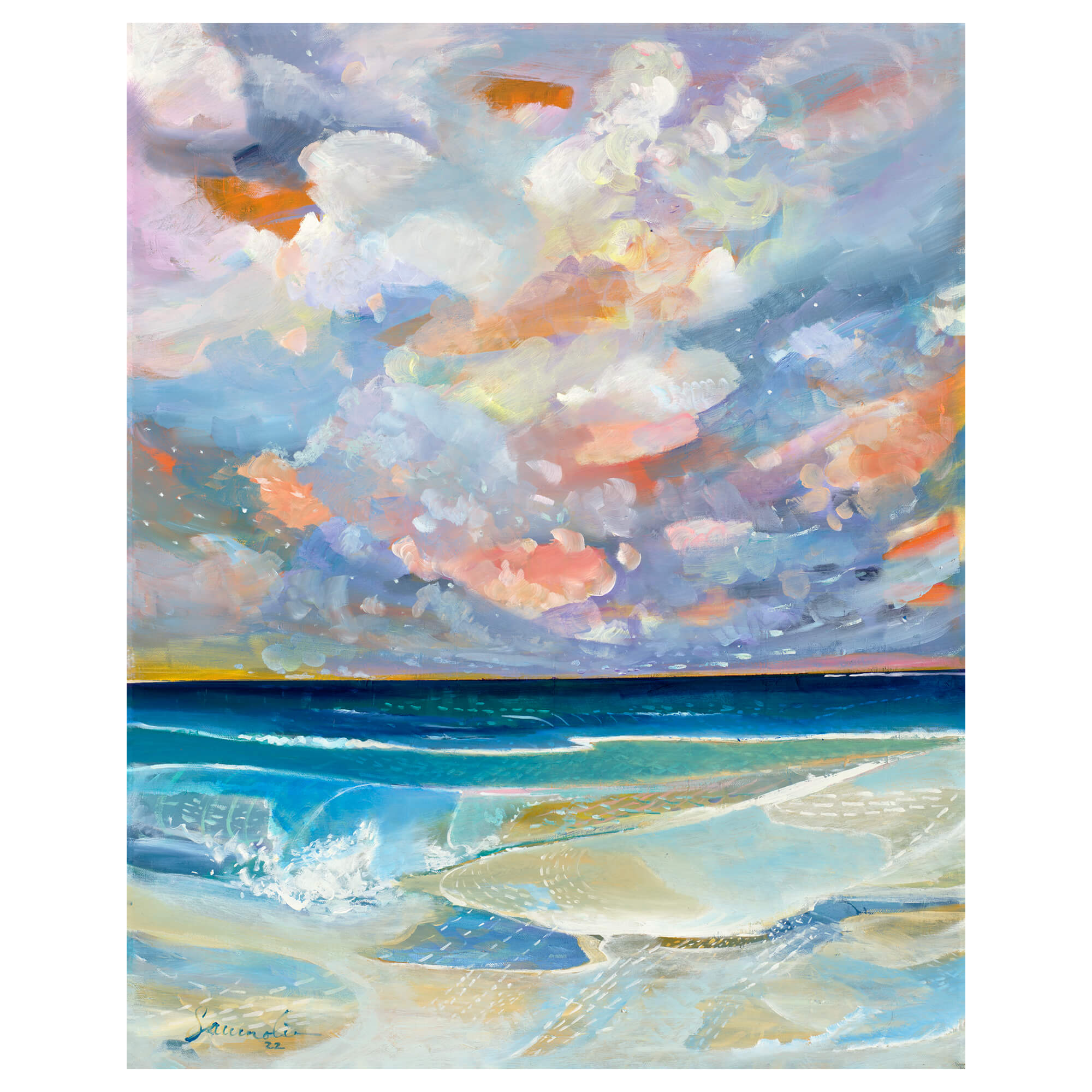  A matted art print featuring abstract teal and blue tinted waves crashing towards the shore by popular Hawaii artist Saumolia Puapuaga