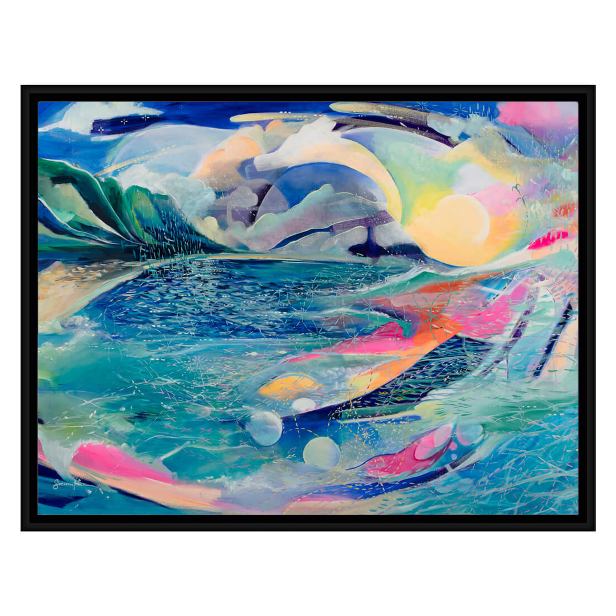 Framed canvas art print of an abstract artwork of a seascape with vibrant pastel colors Hawaii artist Saumolia Puapuaga 