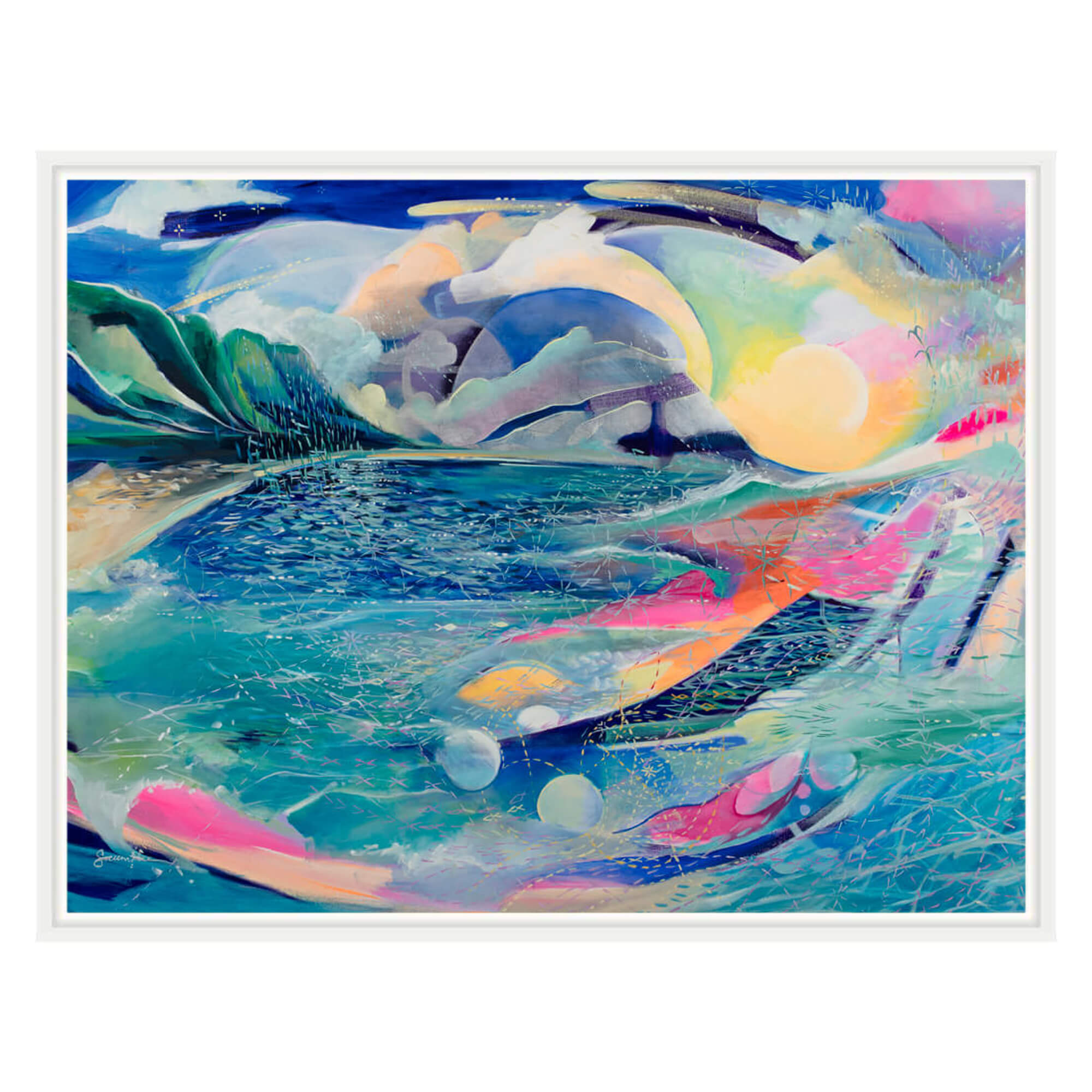 Framed canvas art print of an abstract artwork of a seascape with vibrant pastel colors Hawaii artist Saumolia Puapuaga 