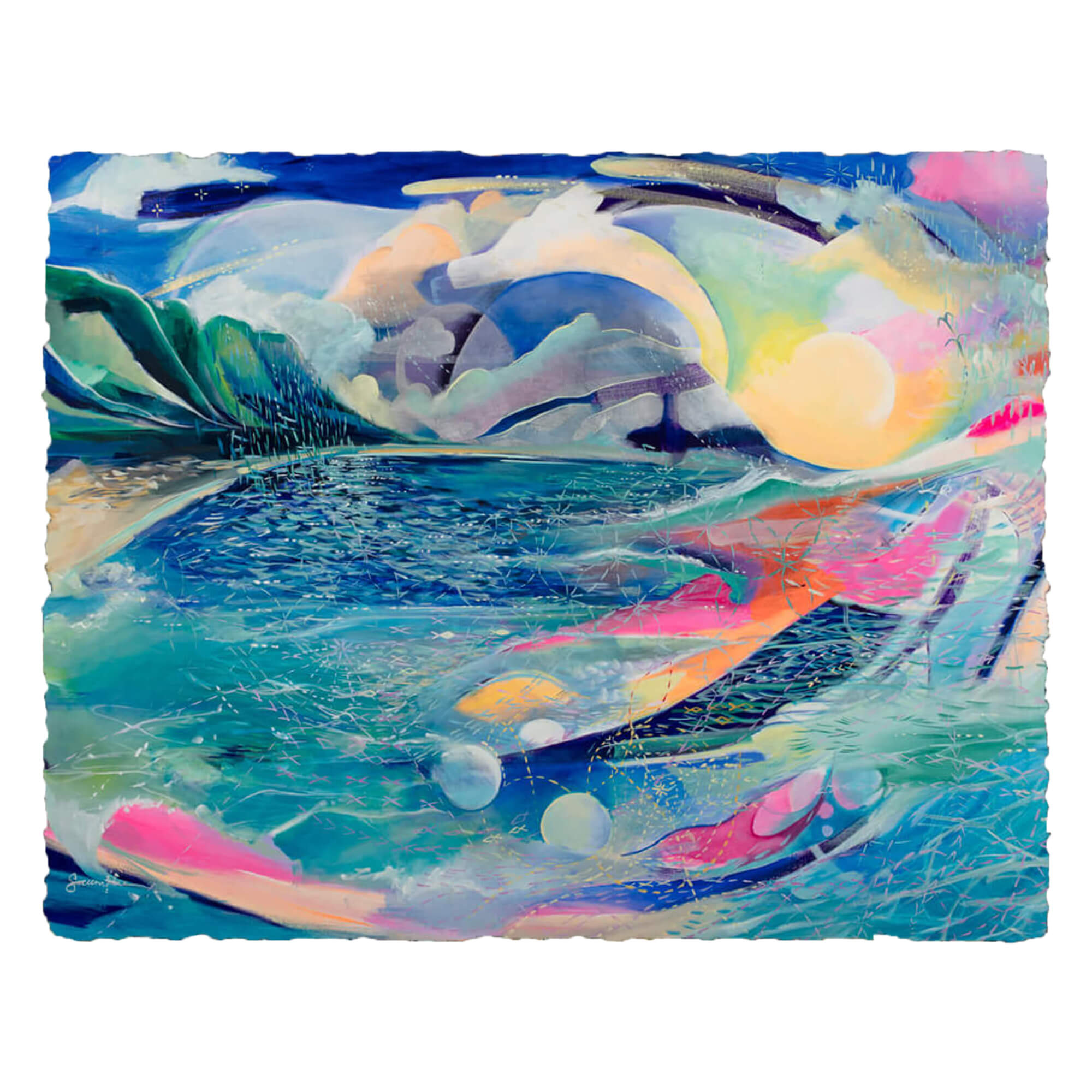 A deckled paper art print of an abstract artwork of a seascape with vibrant pastel colors Hawaii artist Saumolia Puapuaga 