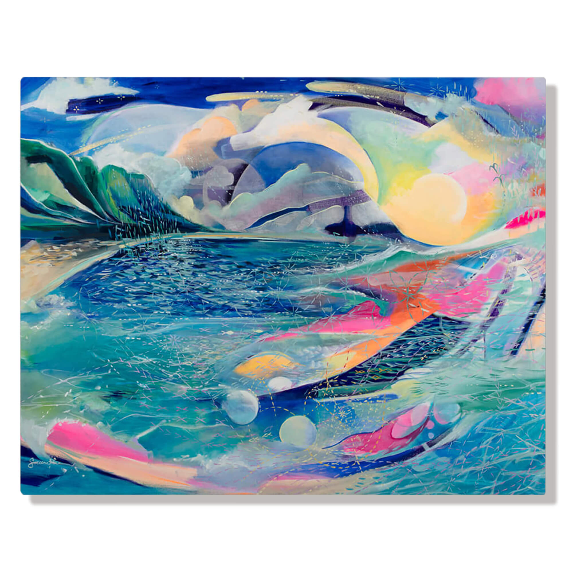 A metal art print of an abstract artwork of a seascape with vibrant pastel colors Hawaii artist Saumolia Puapuaga