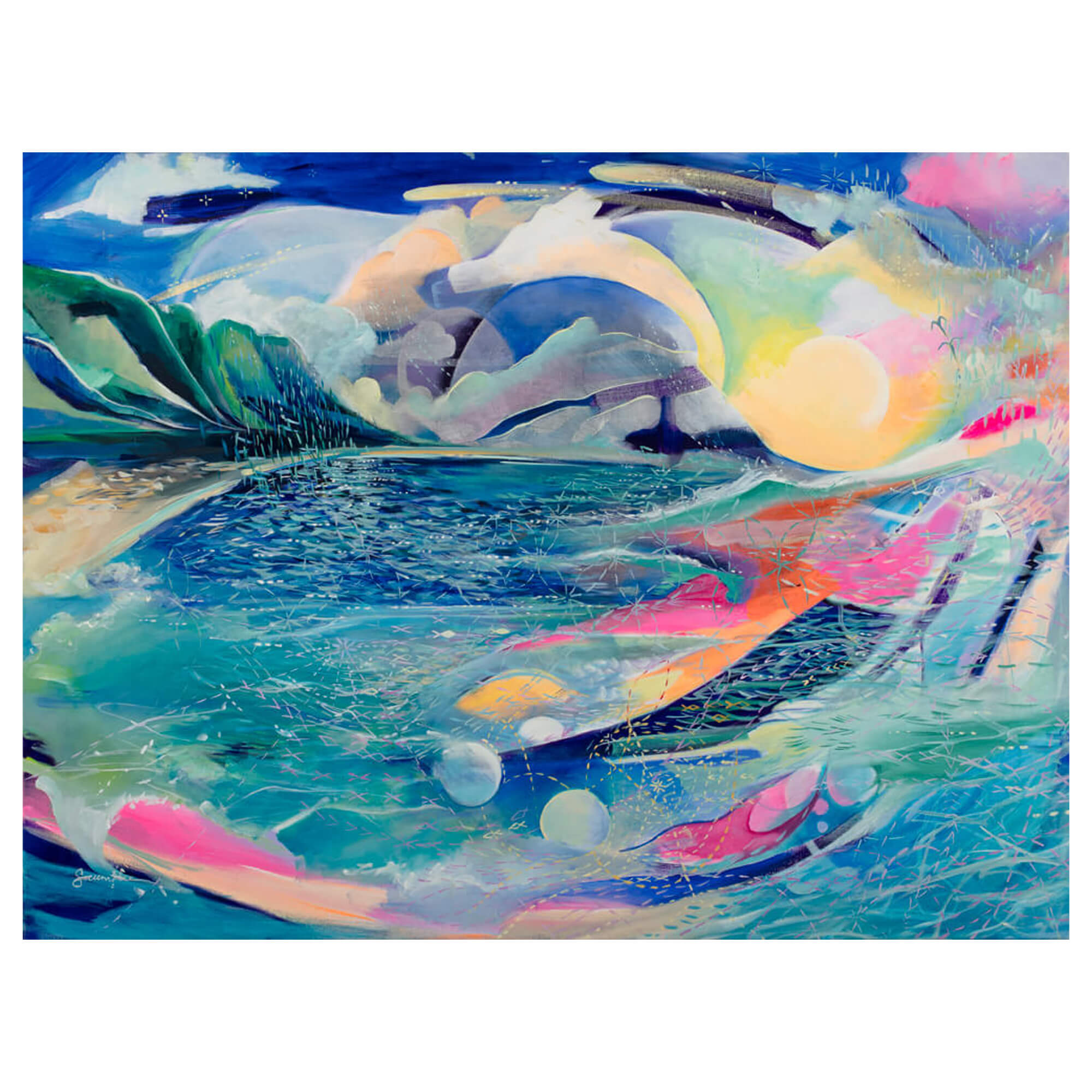 A metal art print of an abstract artwork of a seascape with vibrant pastel colors Hawaii artist Saumolia  Puapuaga 