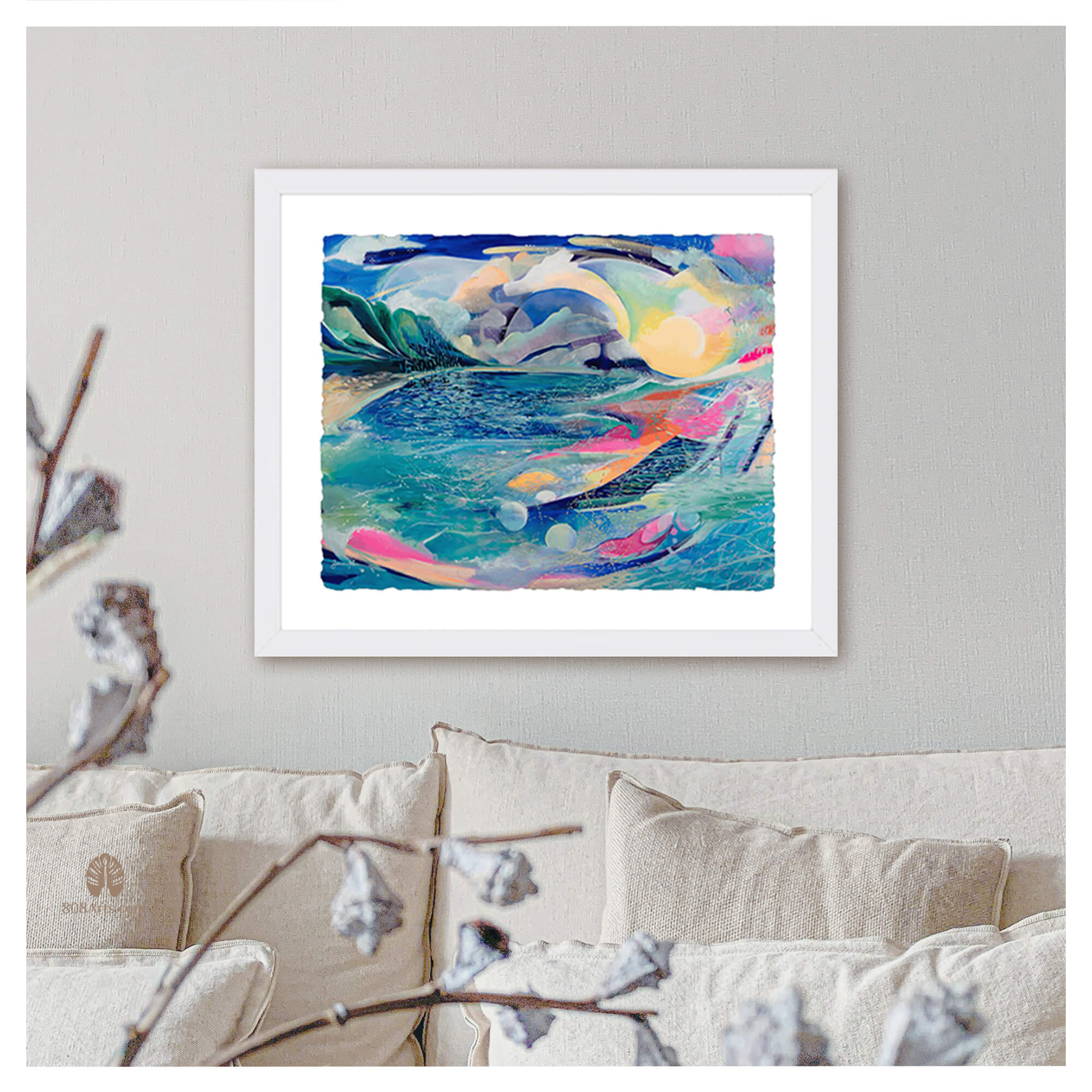 Framed paper art print of an abstract artwork of a seascape with vibrant pastel colors Hawaii artist Saumolia Puapuaga