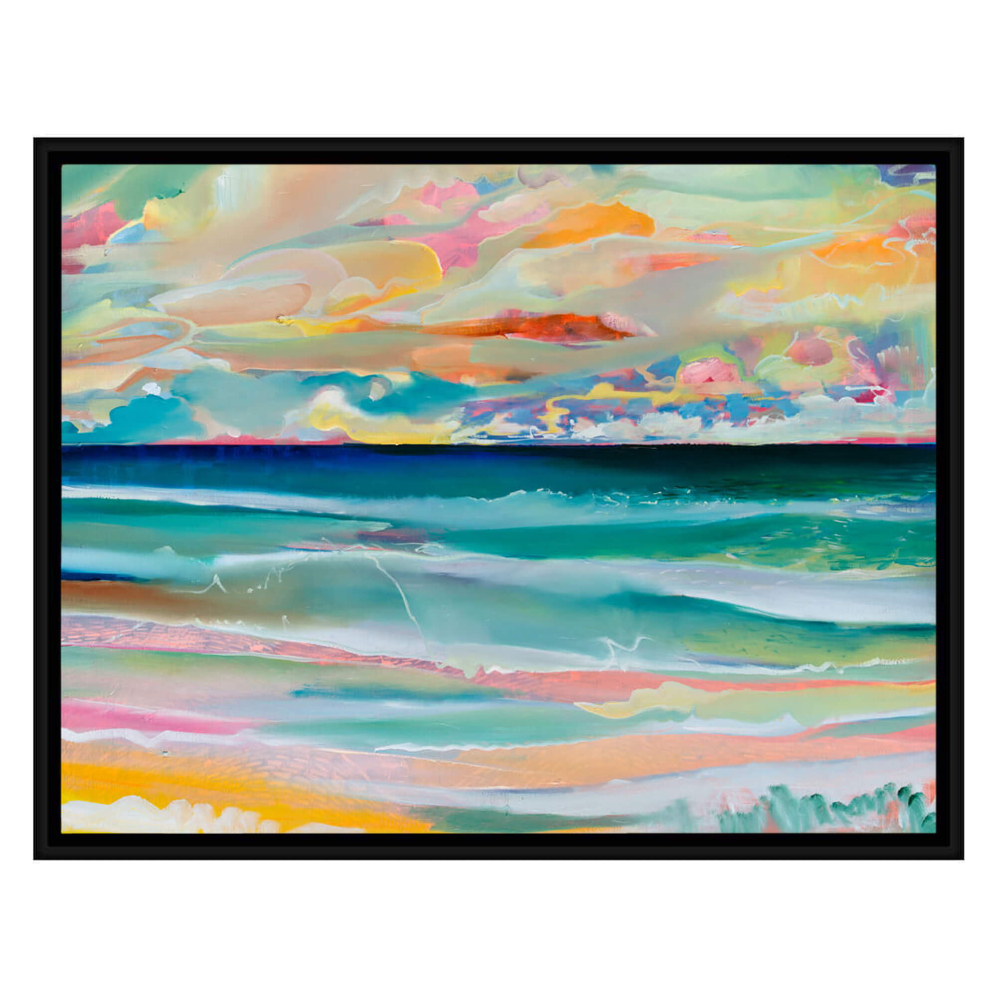 Framed canvas art print of an abstract artwork of a seascape with pink, yellow and teal hues by Hawaii artist Saumolia Puapuaga 