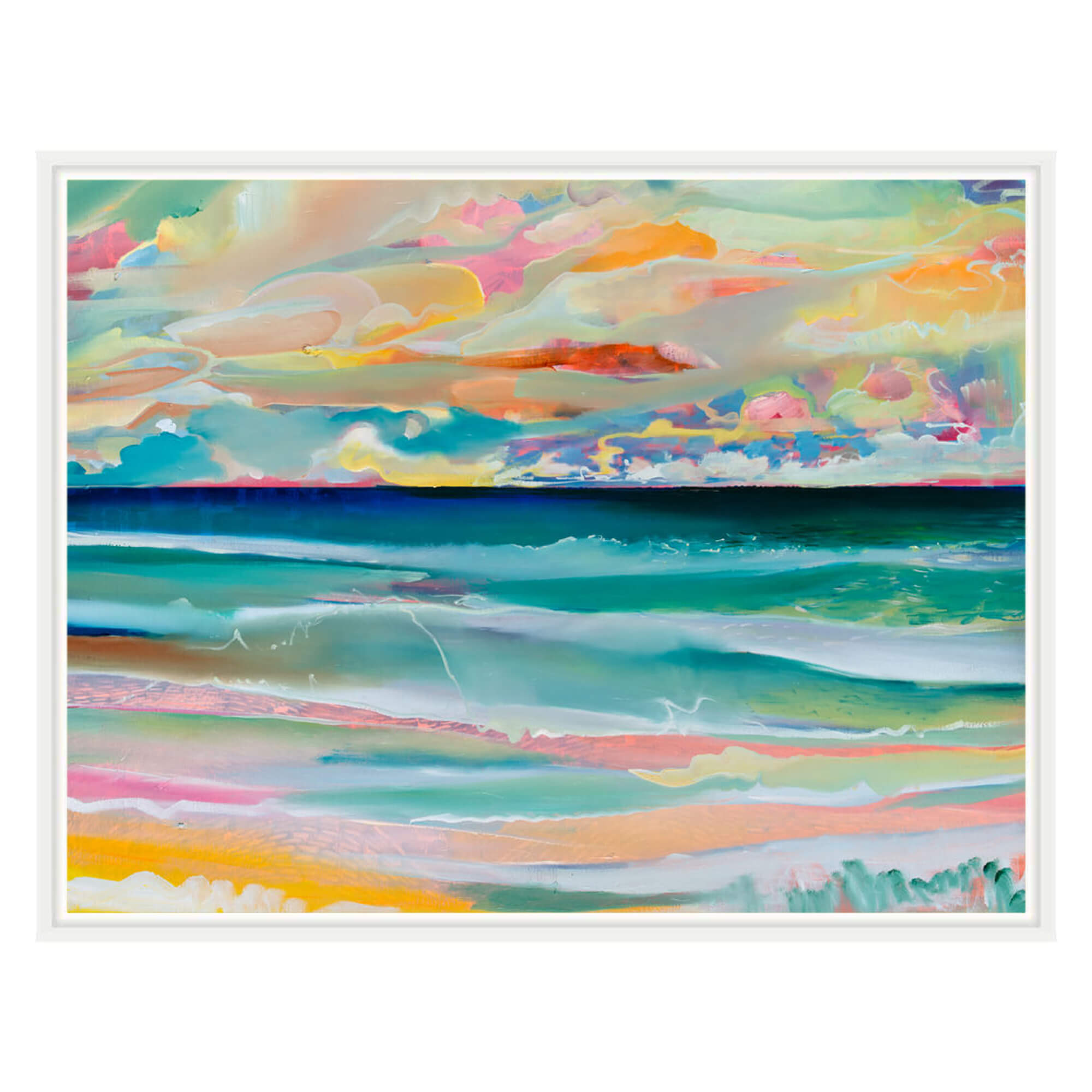 Framed canvas art print of an abstract artwork of a seascape with pink, yellow and teal hues by Hawaii artist Saumolia Puapuaga 