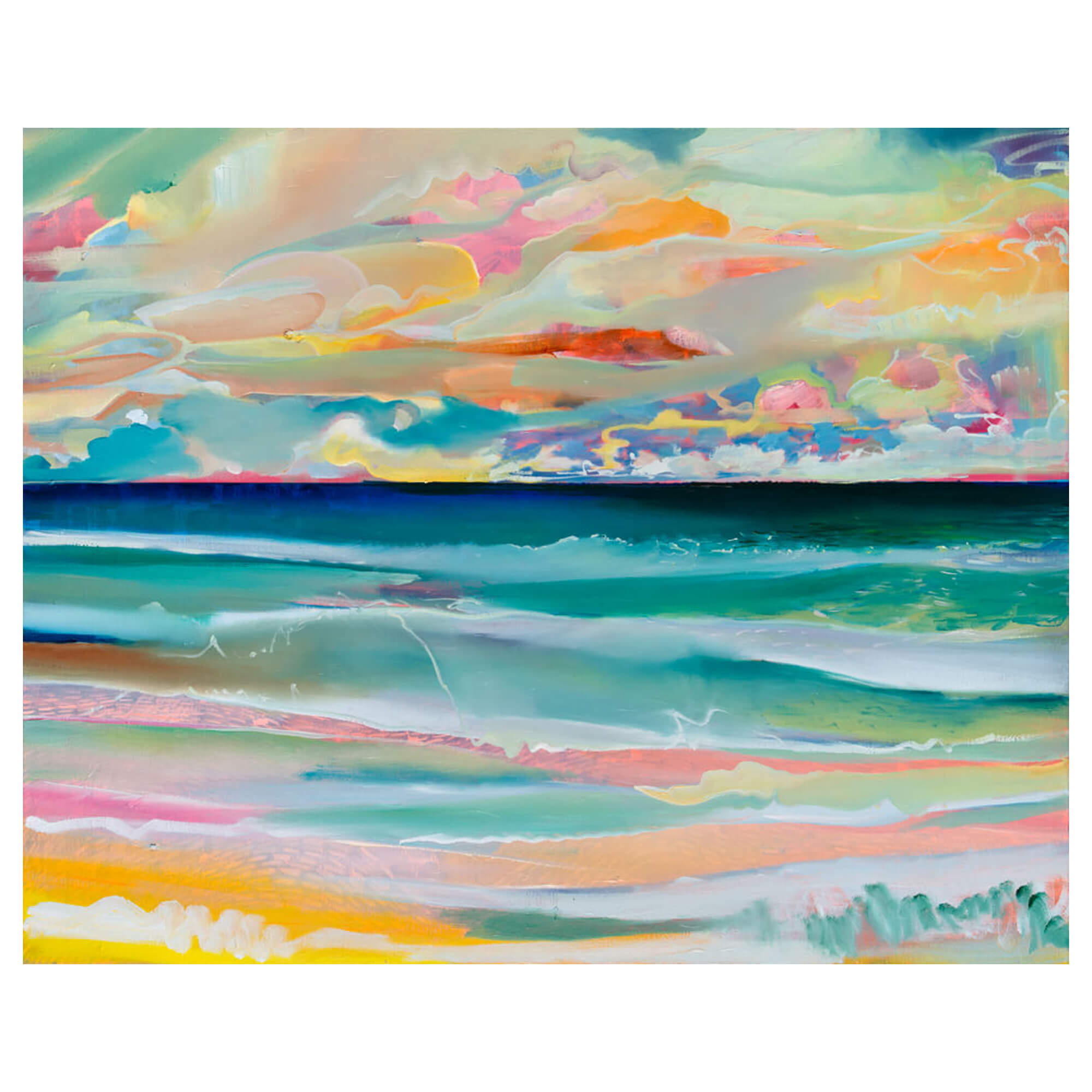 Canvas art print of an abstract artwork of a seascape with pink, yellow and teal hues by Hawaii artist Saumolia Puapuaga