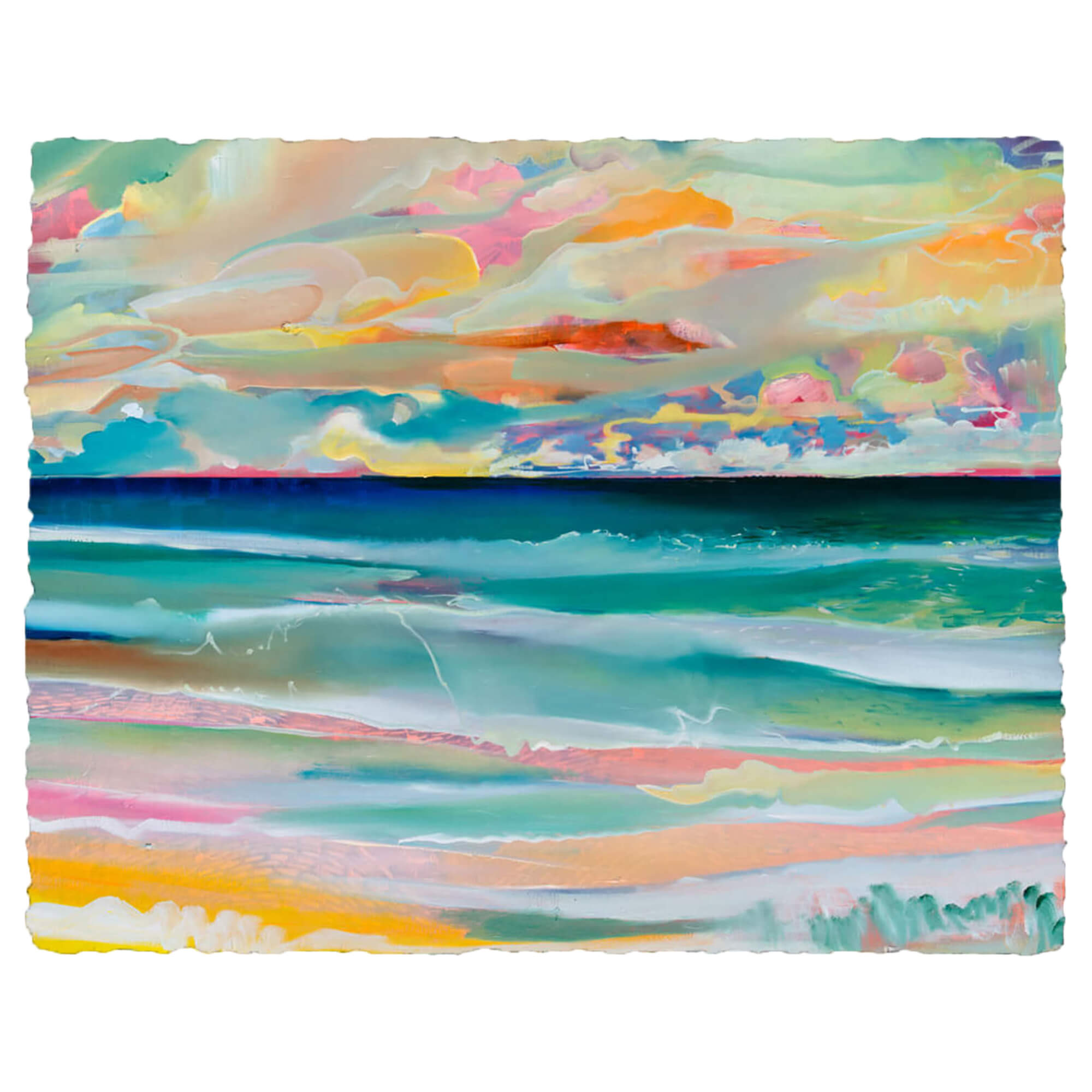 A deckled paper art print of an abstract artwork of a seascape with pink, yellow and teal hues by Hawaii artist Saumolia Puapuaga