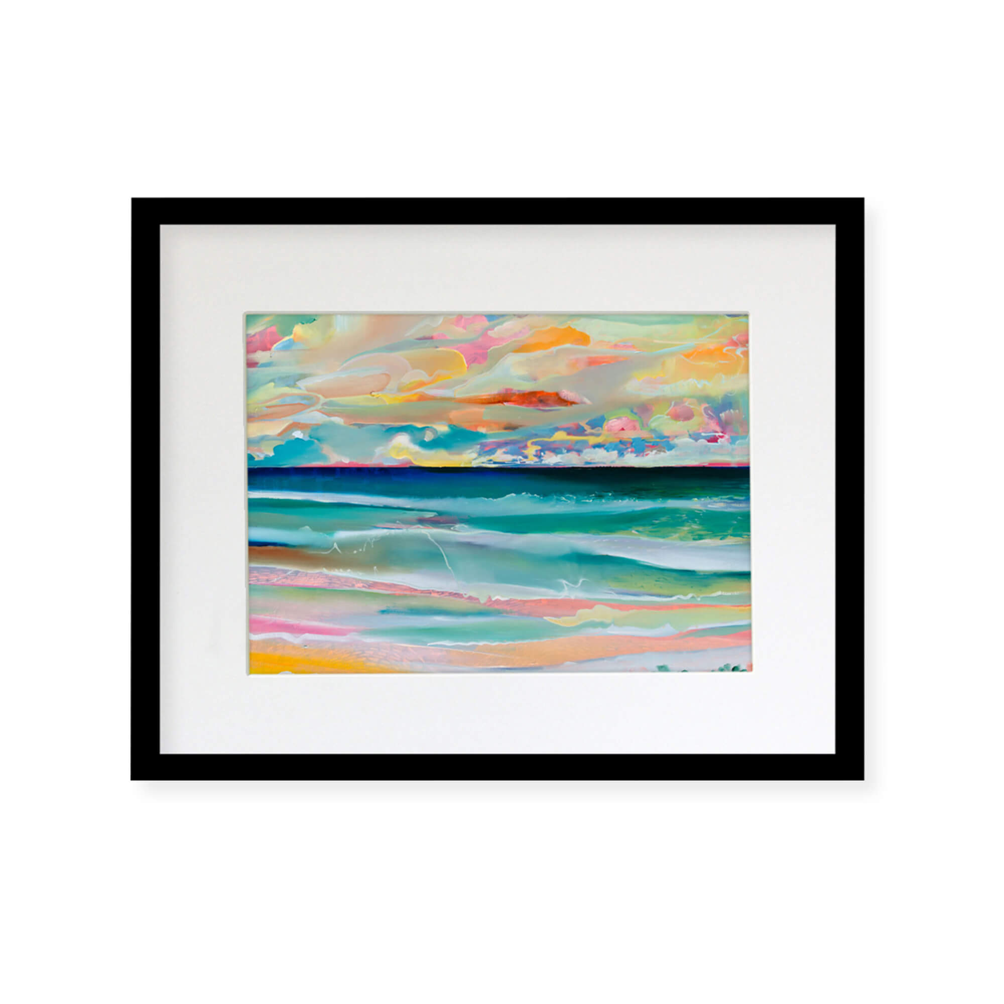 Framed matted art print of an abstract artwork of a seascape with pink, yellow and teal hues by Hawaii artist Saumolia Puapuaga 