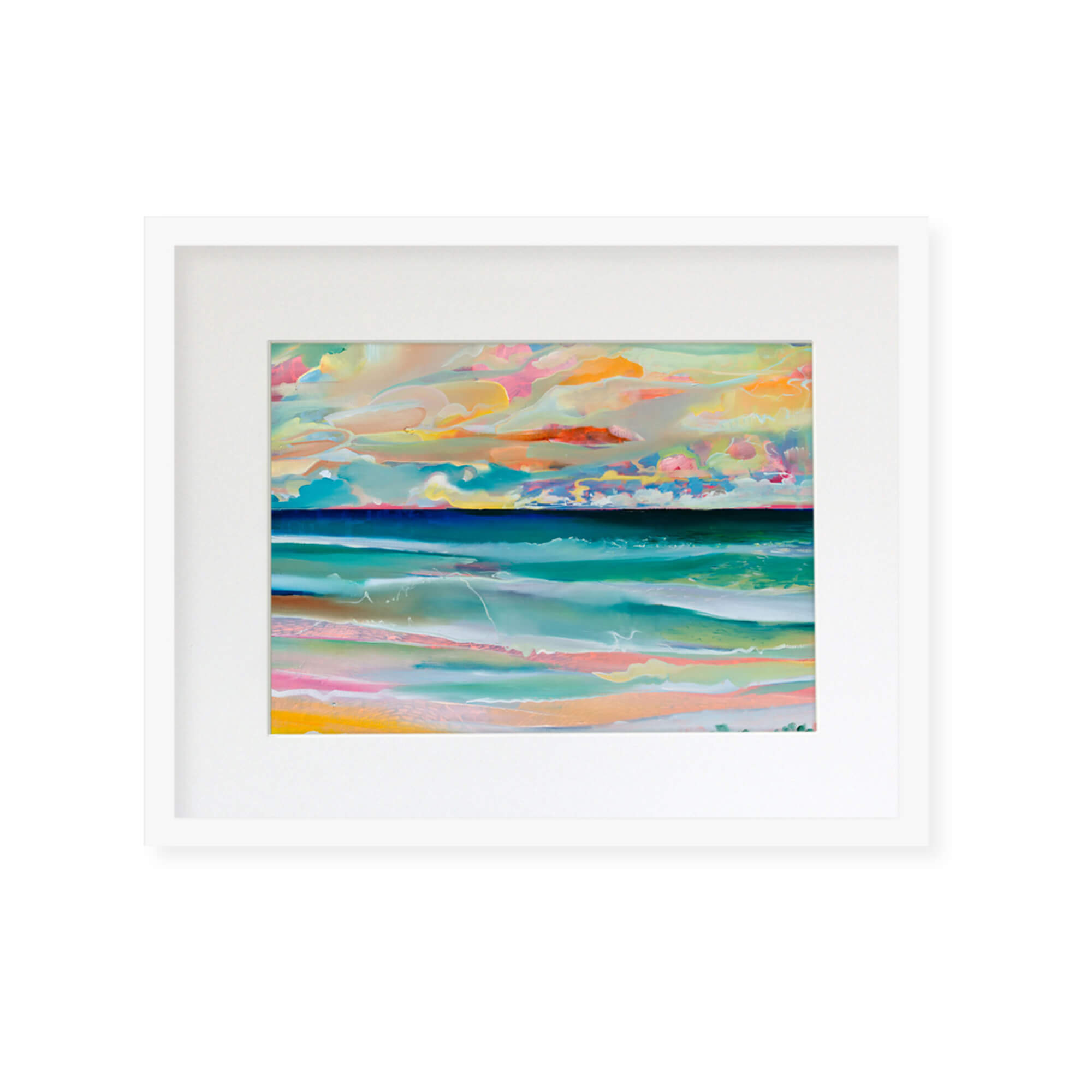 Framed matted art print of an abstract artwork of a seascape with pink, yellow and teal hues by Hawaii artist Saumolia Puapuaga
