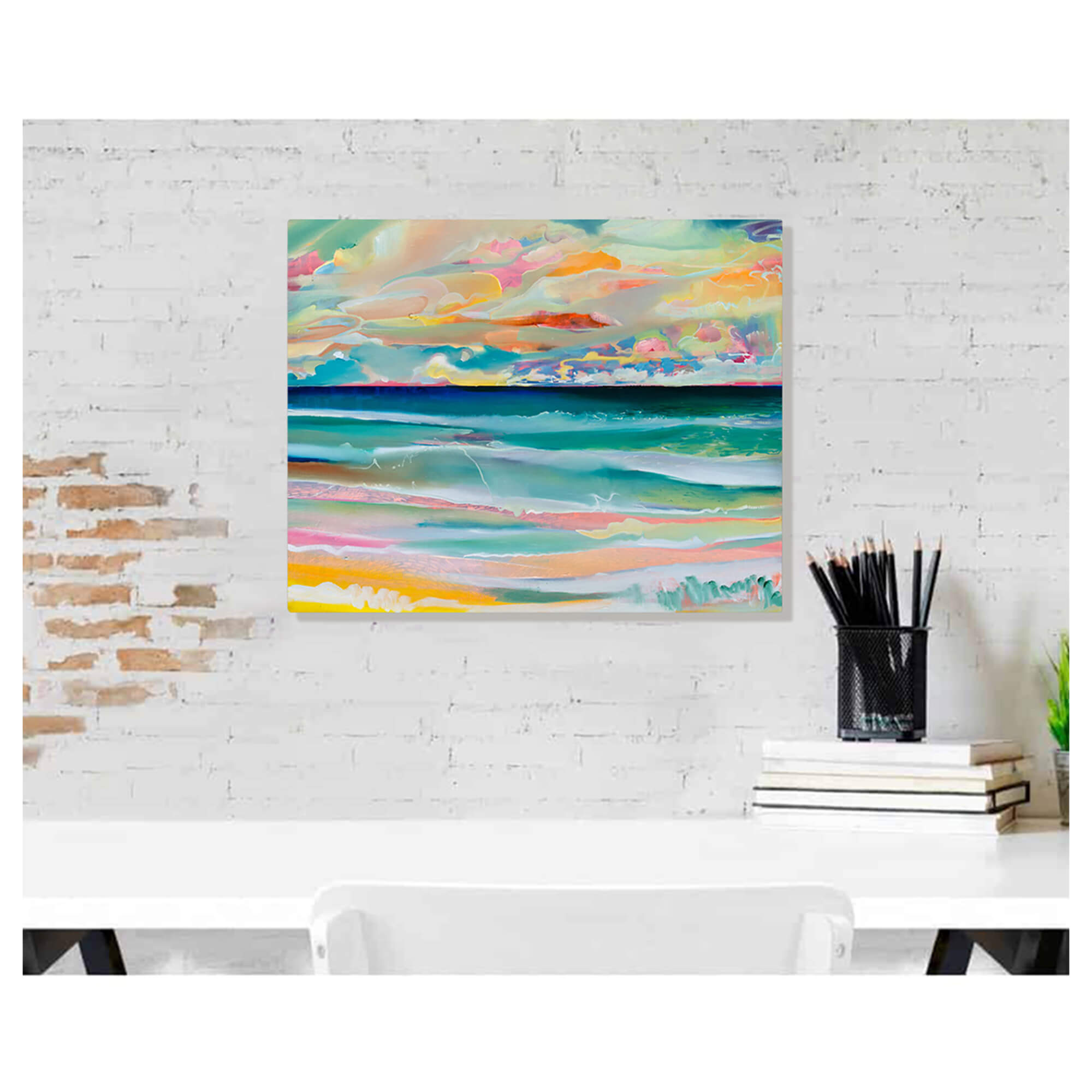 A metal art print of an abstract artwork of a seascape with pink, yellow and teal hues by Hawaii artist Saumolia Puapuaga