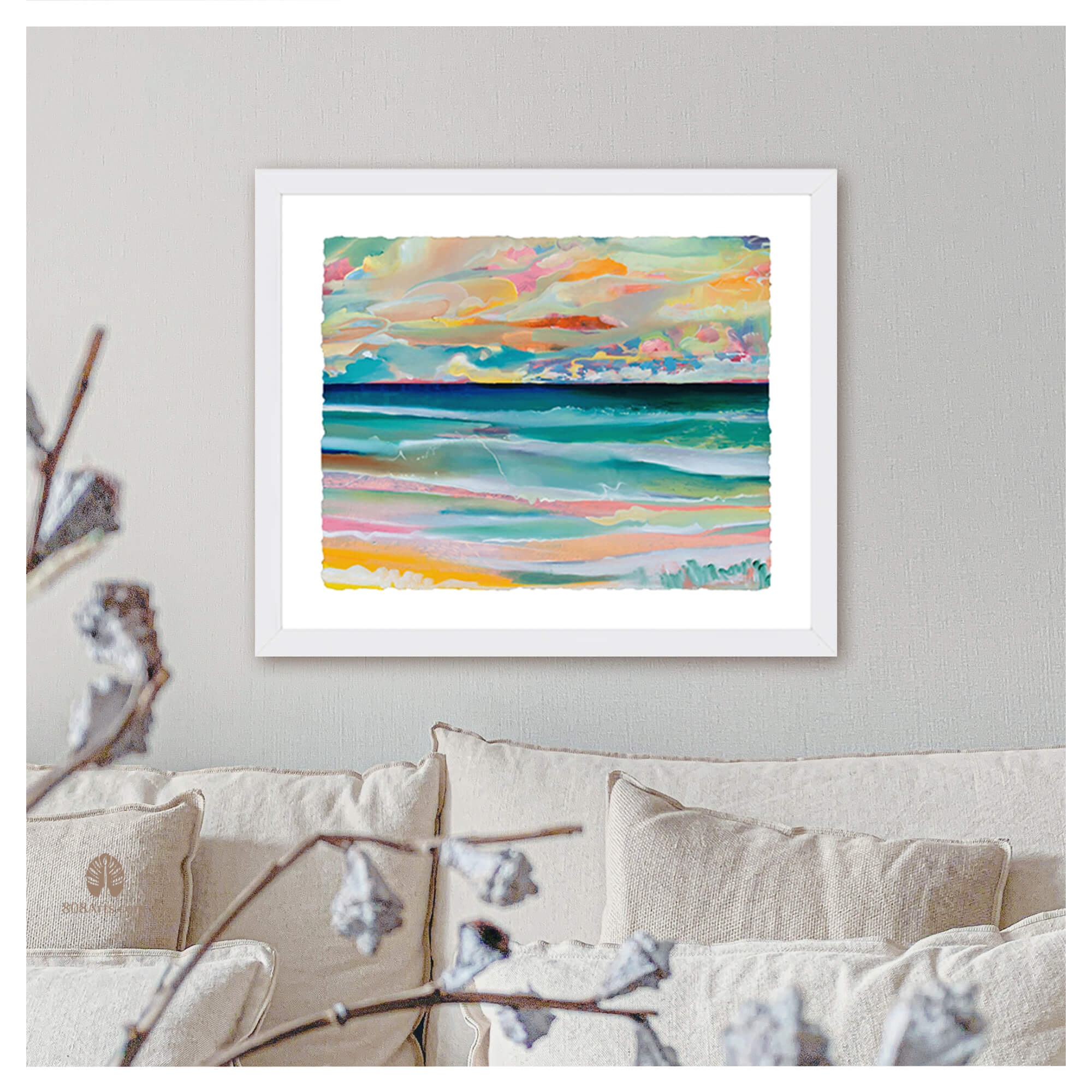 Framed paper art print of an abstract artwork of a seascape with pink, yellow and teal hues by Hawaii artist Saumolia Puapuaga