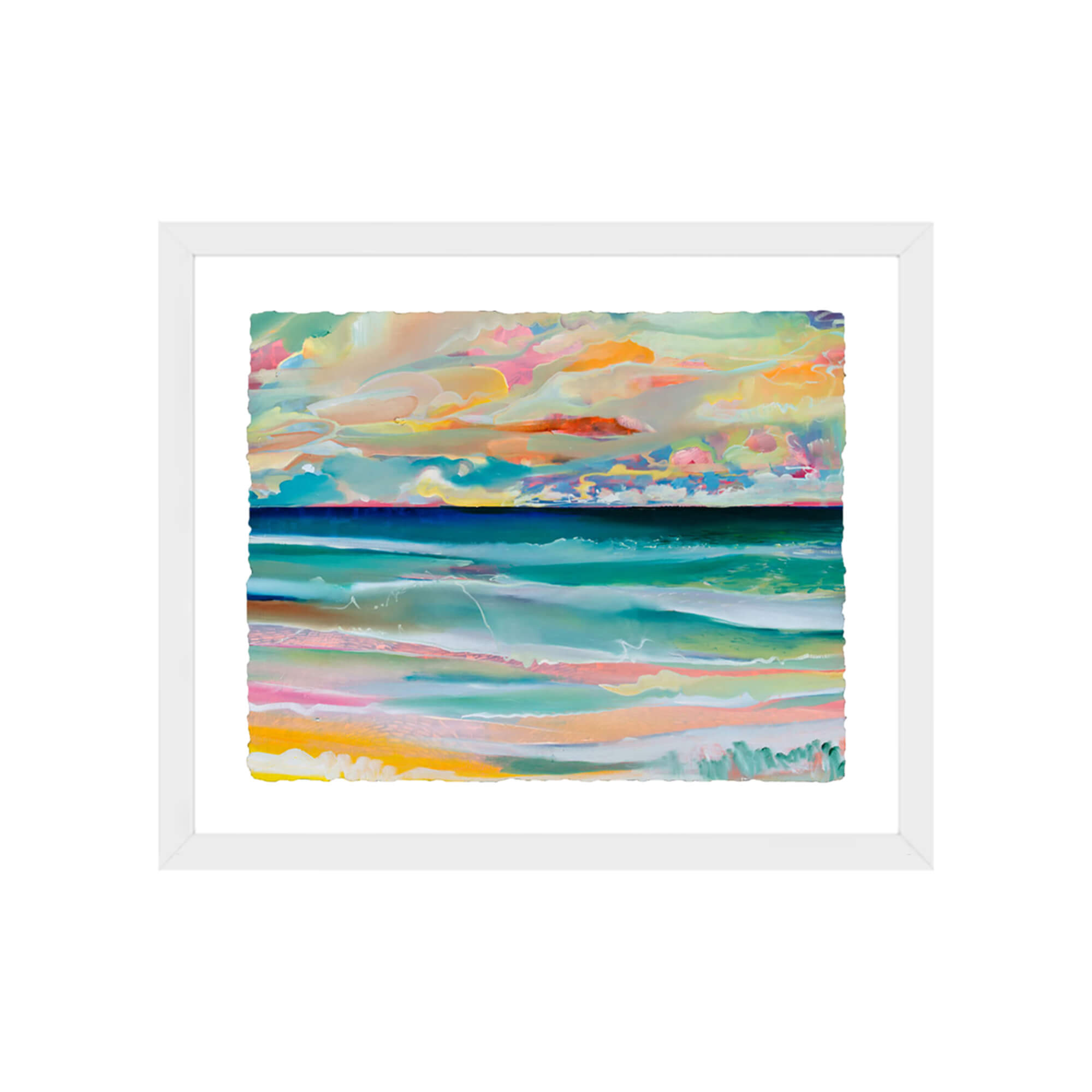 Framed paper art print of an abstract artwork of a seascape with pink, yellow and teal hues by Hawaii artist Saumolia Puapuaga