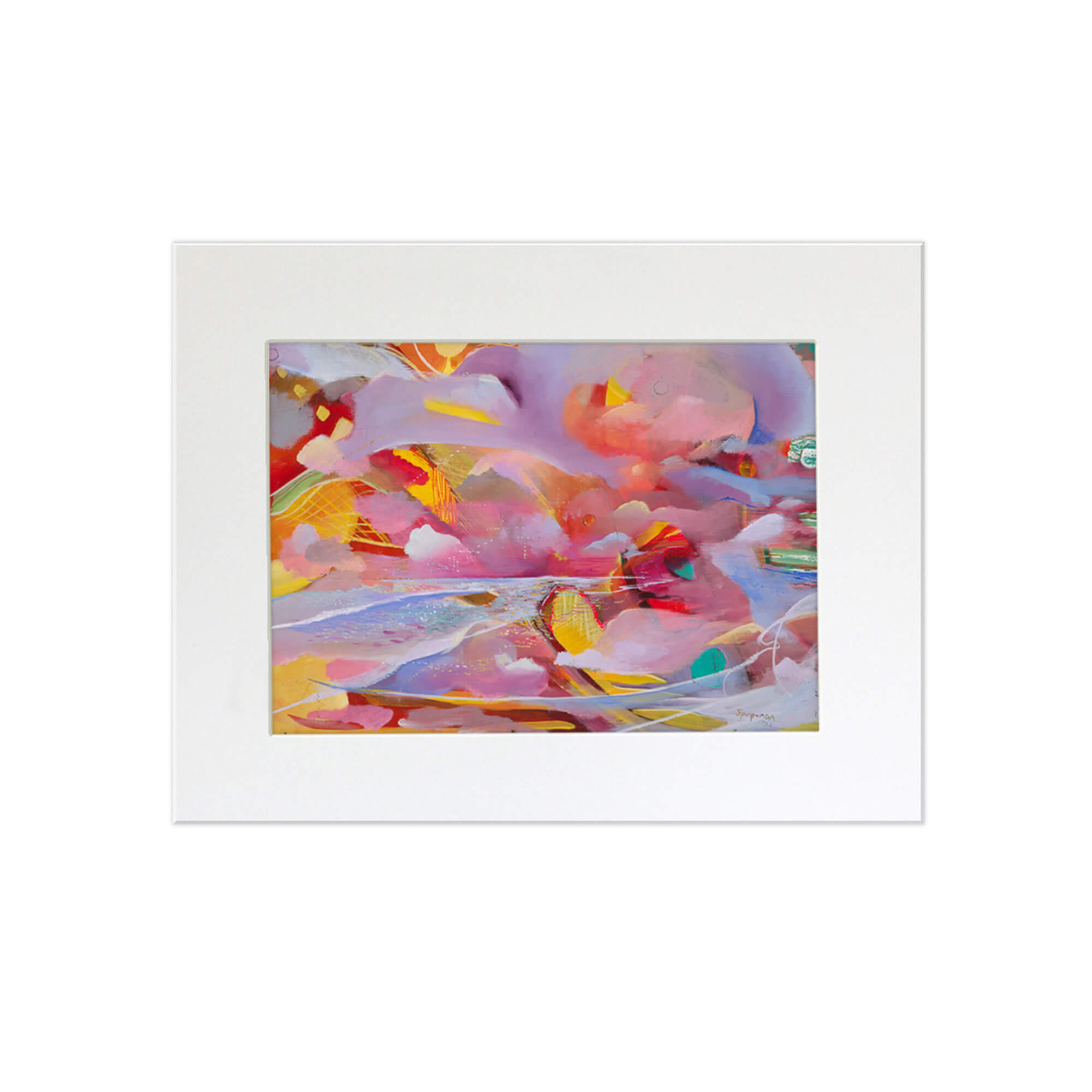 A matted art print of a vibrant artwork that features the beach horizon with cotton candy colors by Hawaii artist Saumolia Puapuaga