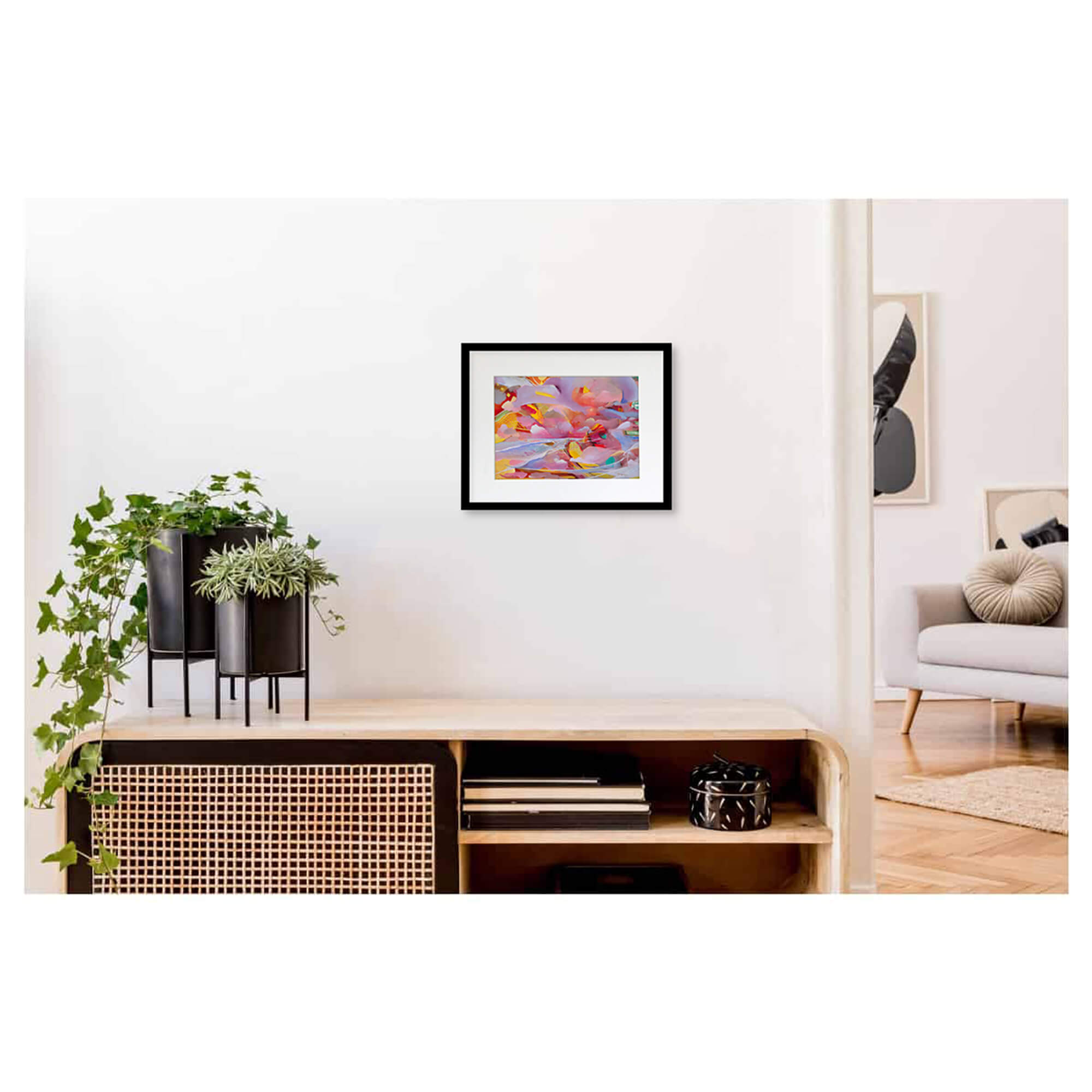 Framed matted art print of a vibrant artwork that features the beach horizon with cotton candy colors by Hawaii artist Saumolia Puapuaga