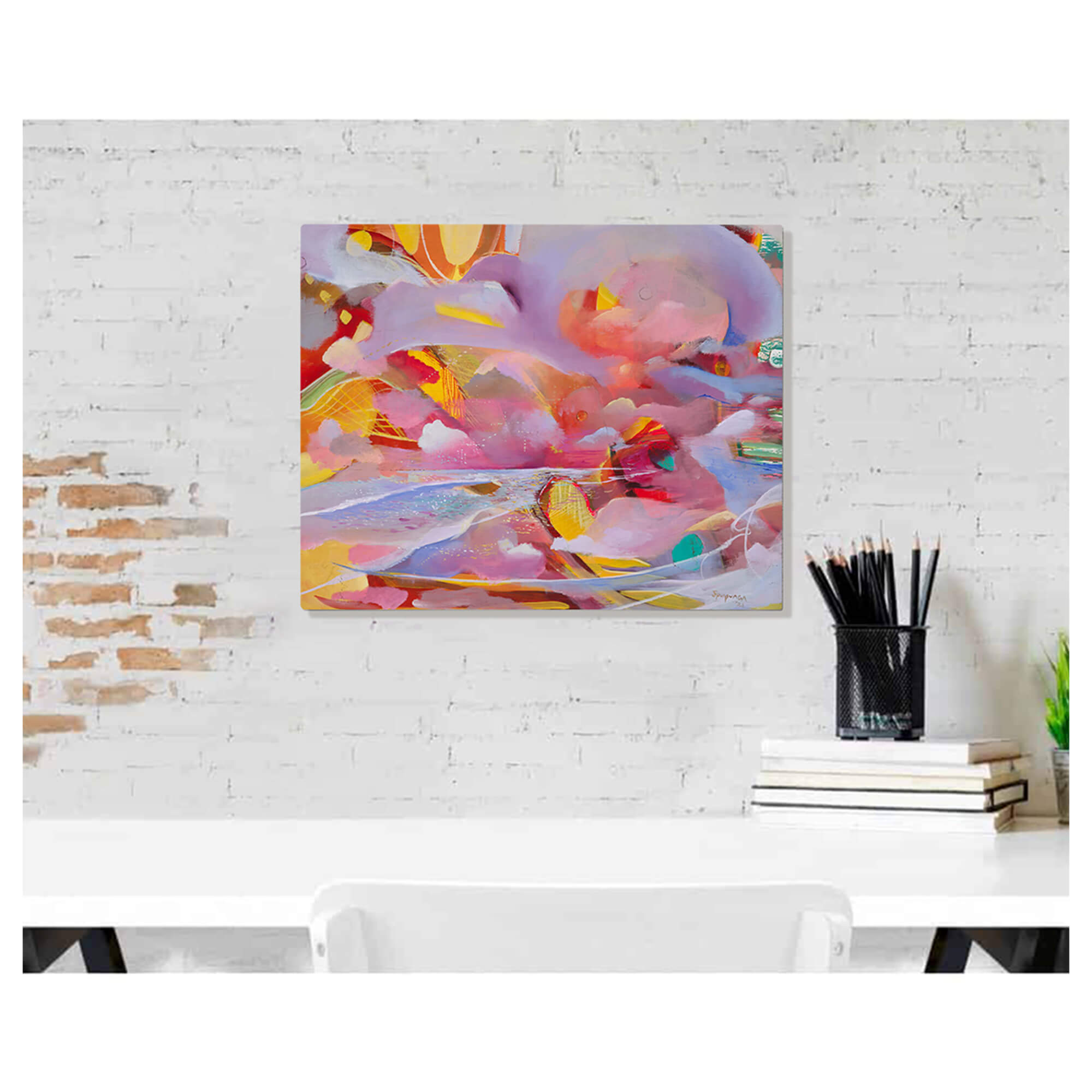 A metal art print of a vibrant artwork that features the beach horizon with cotton candy colors by Hawaii artist Saumolia Puapuaga