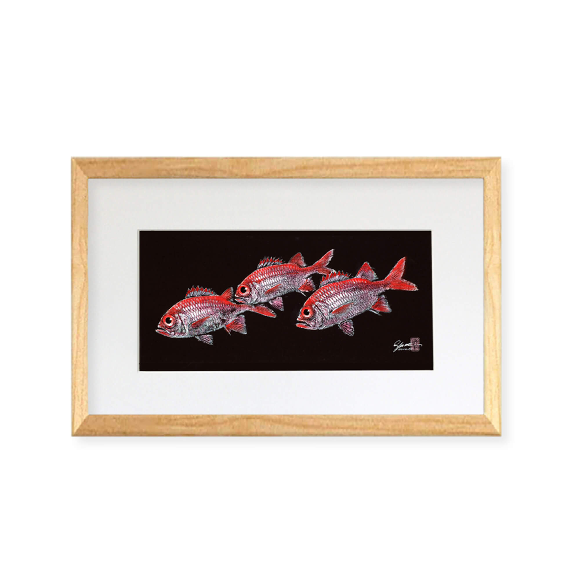 Framed matted print of Menpachi (also known as Flagtails and Soldierfish) by Hawaii gyotaku artist Shane Hamamoto