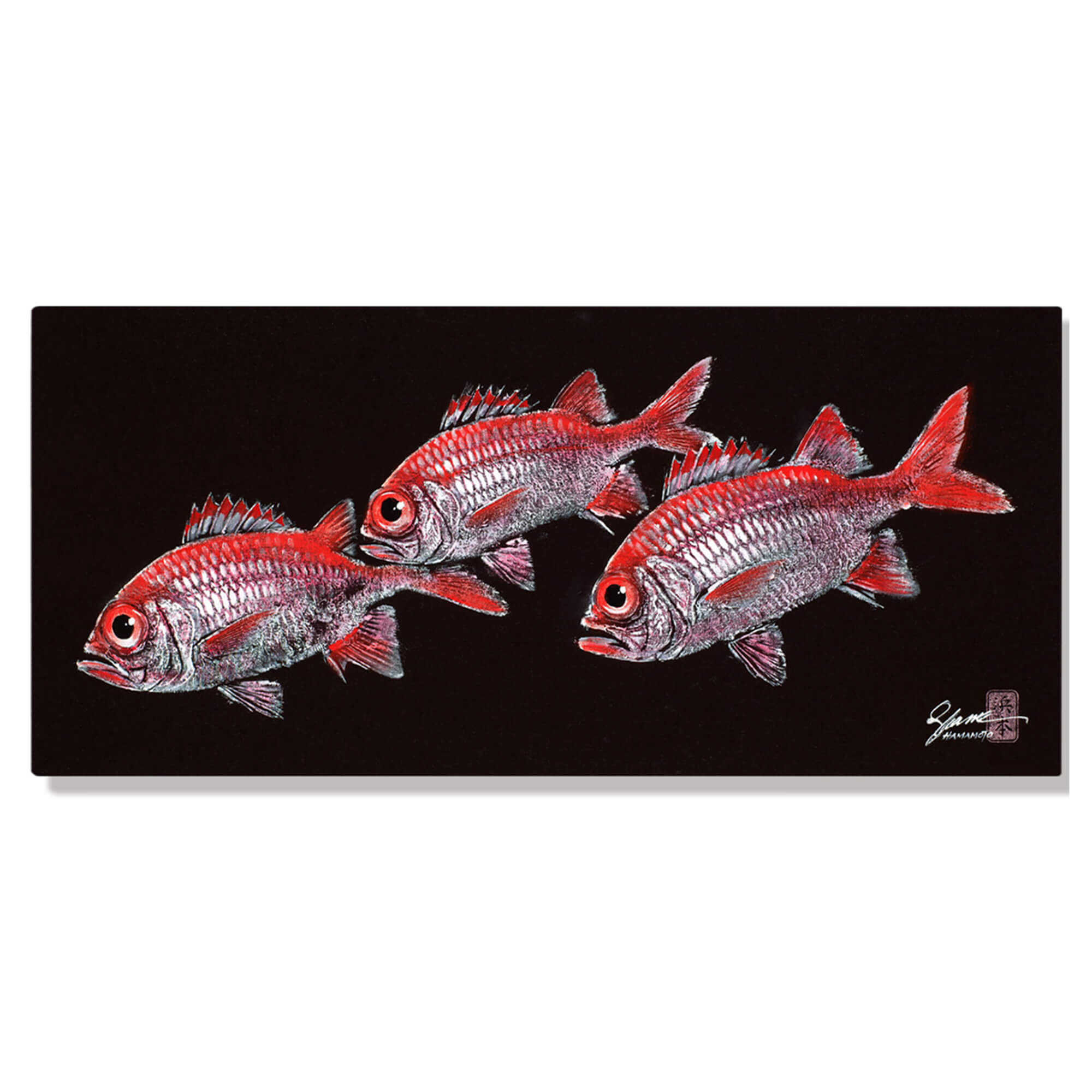 Metal print of Menpachi (also known as Squirrelfish or Soldierfish) by Hawaii gyotaku artist Shane Hamamoto