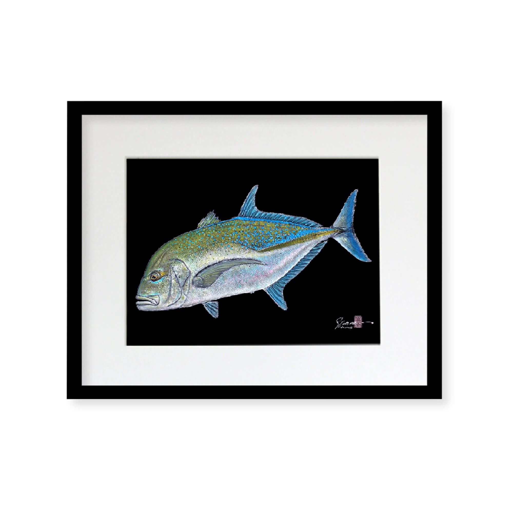 Framed matted print of Omilu (also known as Bluefin Trevally) by Hawaii gyotaku artist Shane Hamamoto