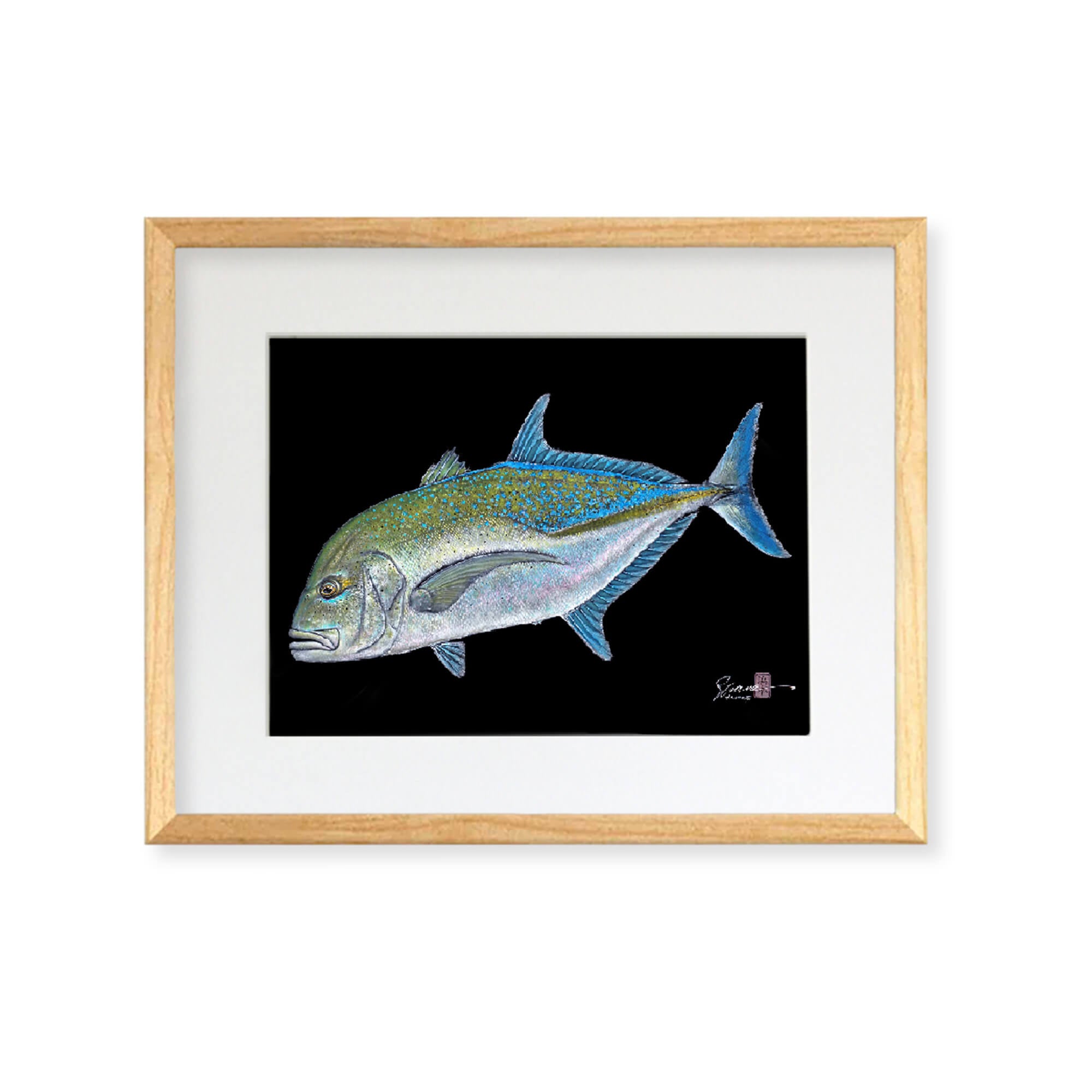 Framed matted print of Omilu (also known as Bluefin Trevally) by Hawaii gyotaku artist Shane Hamamoto