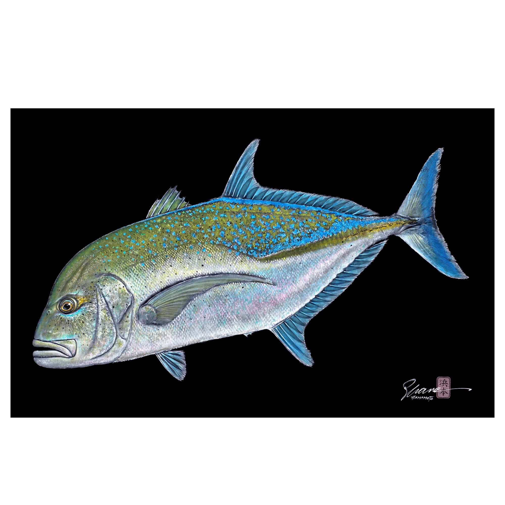 Matted print of Omilu (also known as Bluefin Trevally) by Hawaii gyotaku artist Shane Hamamoto