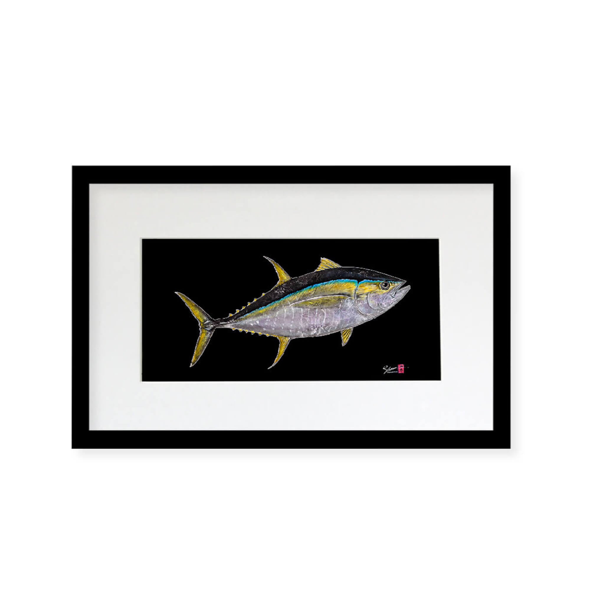 Framed matted print of Shibi (also known as Yellowfin Tuna) by Hawaii gyotaku artist Shane Hamoto