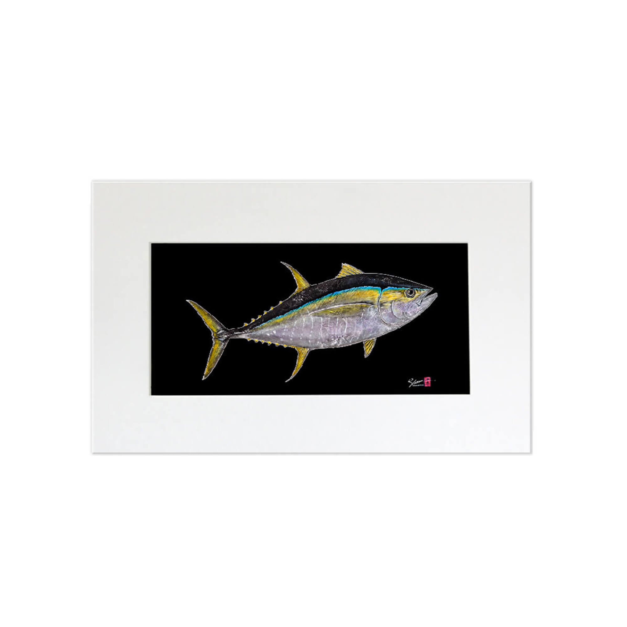 A matted print of Shibi (also known as Yellowfin Tuna) by Hawaii gyotaku artist Shane Hamoto