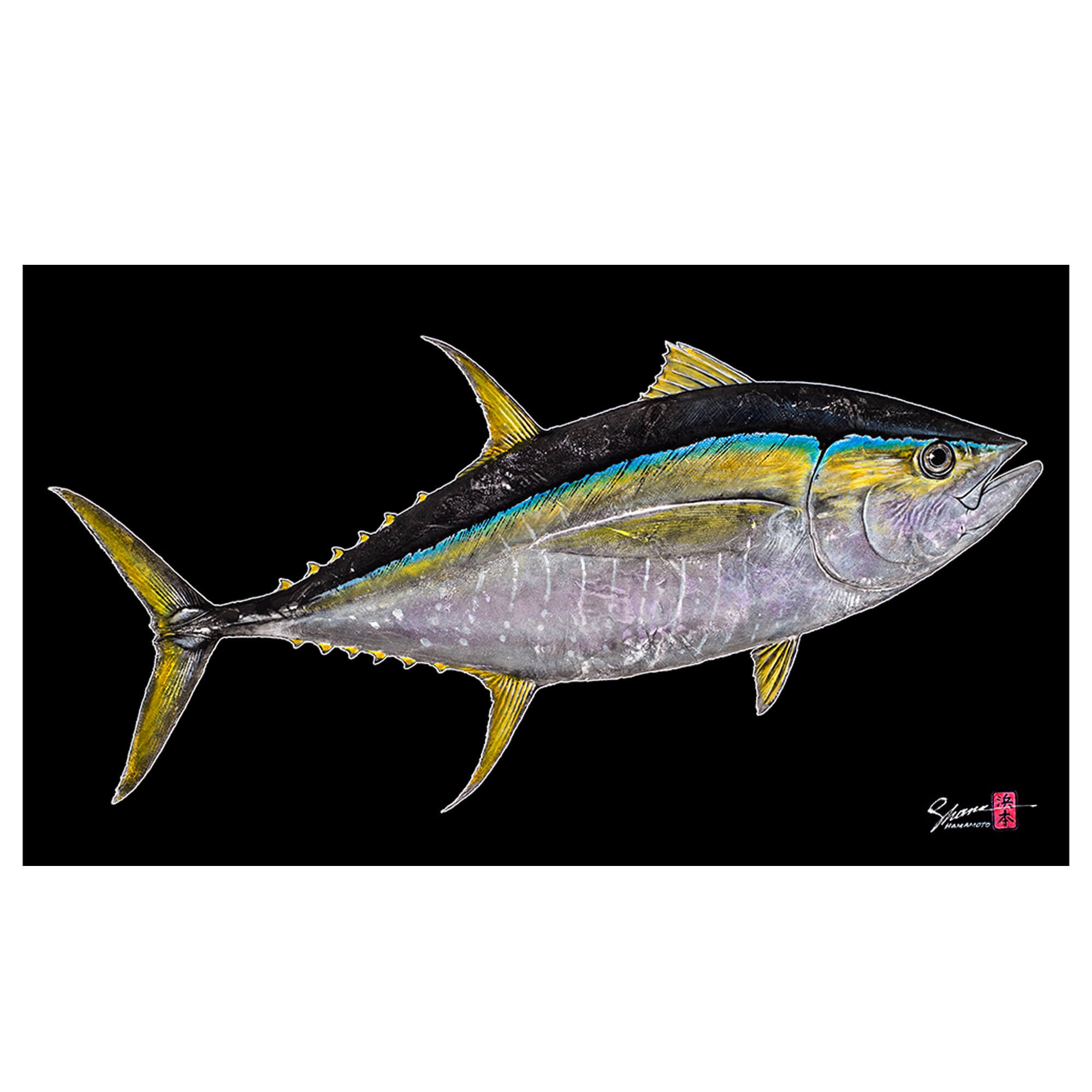 Matted print of Shibi (also known as Yellowfin Tuna) by Hawaii gyotaku artist Shane Hamoto