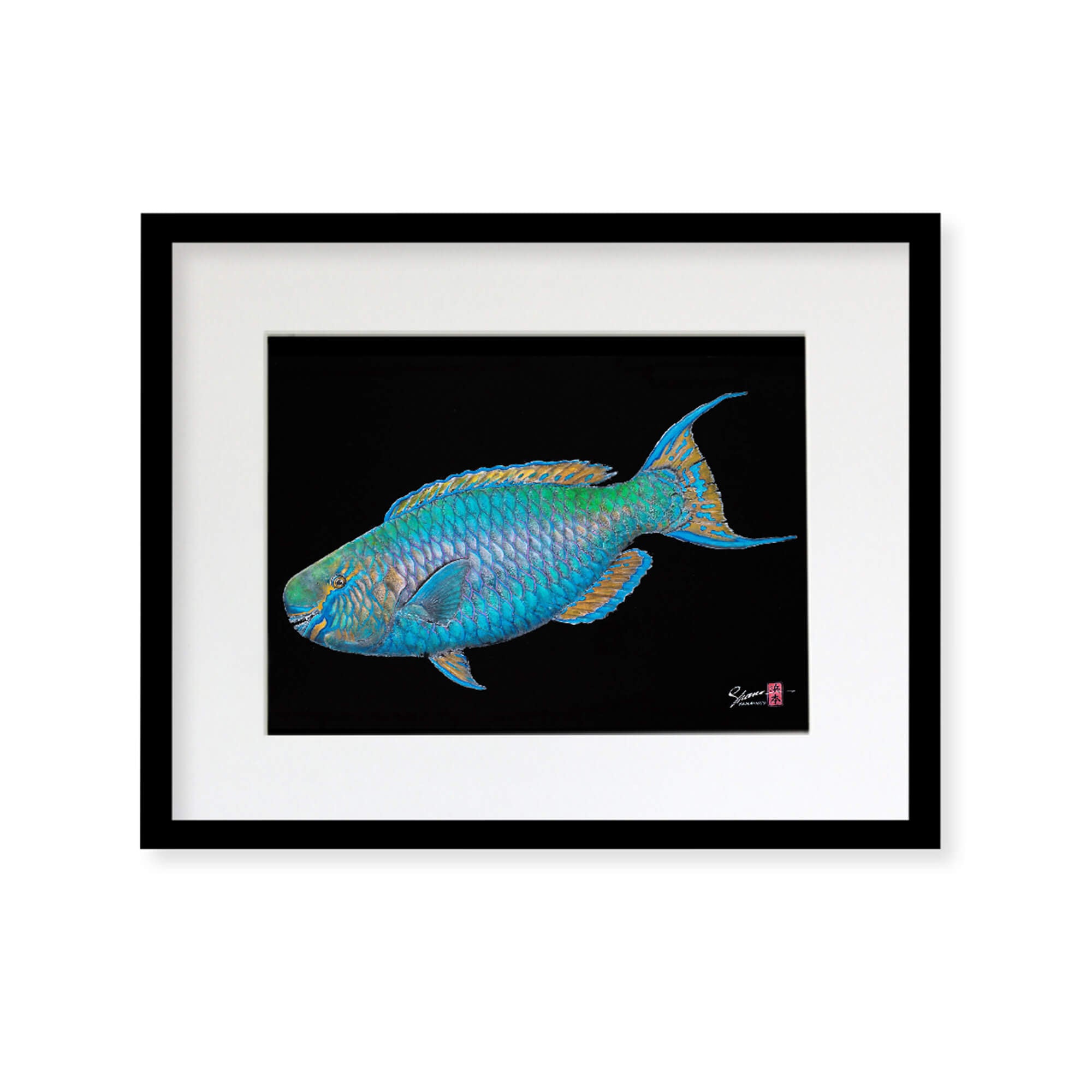 Framed matted print of Uhu (also known as Parrot Fish) by Hawaii gyotaku artist Shane Hamamoto