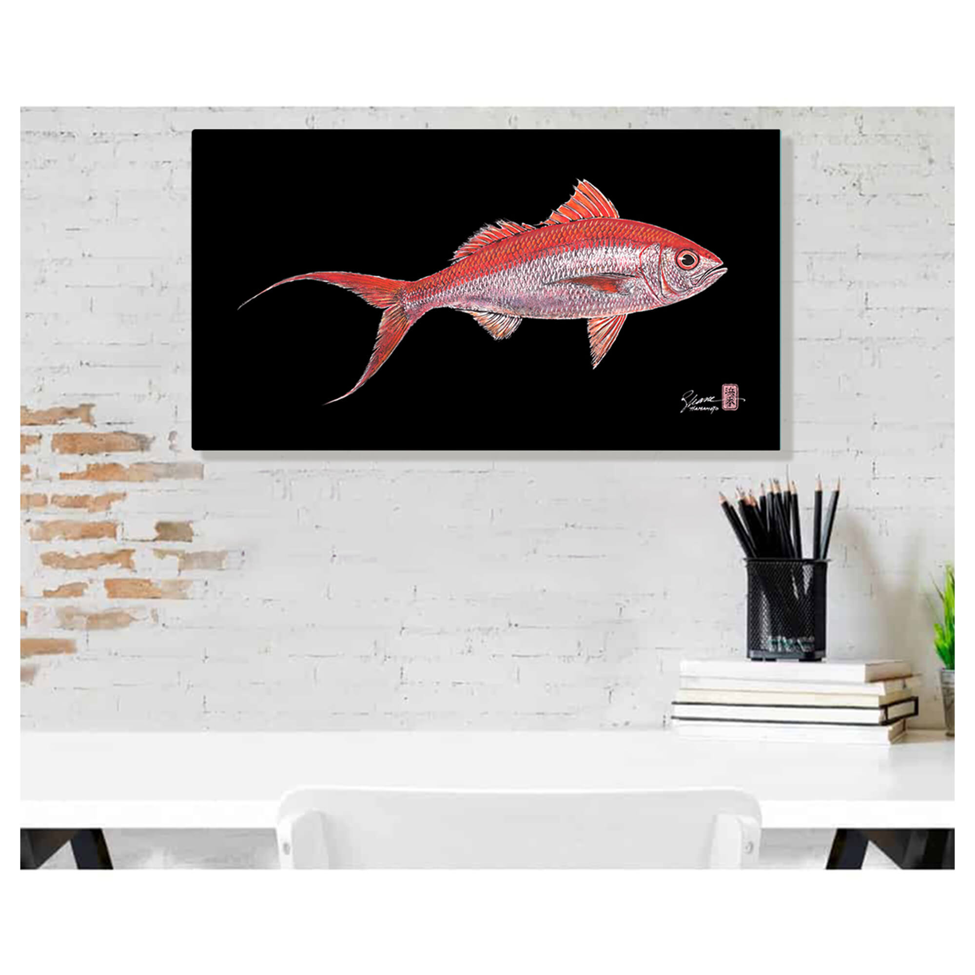 Metal print of Onaga (also known as Ruby Snapper or Scarlet Snapper) by Hawaii gyotaku artist Shane Hamamoto