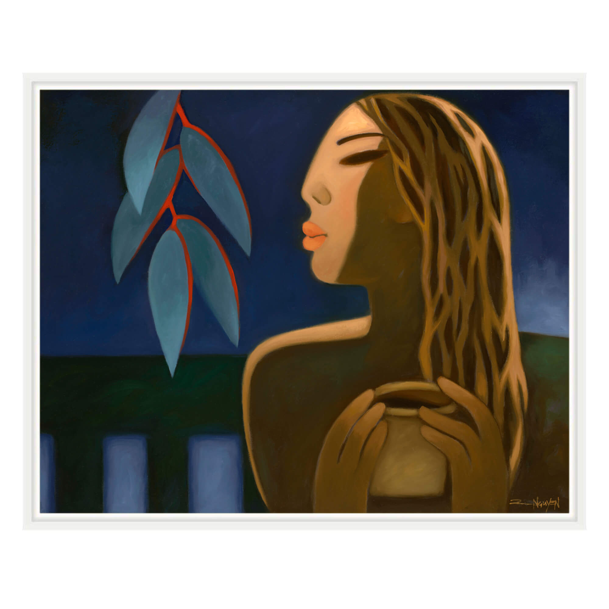 Framed canvas art print of a woman drinking her cut of coffee by Hawaii artist Tim Nguyen