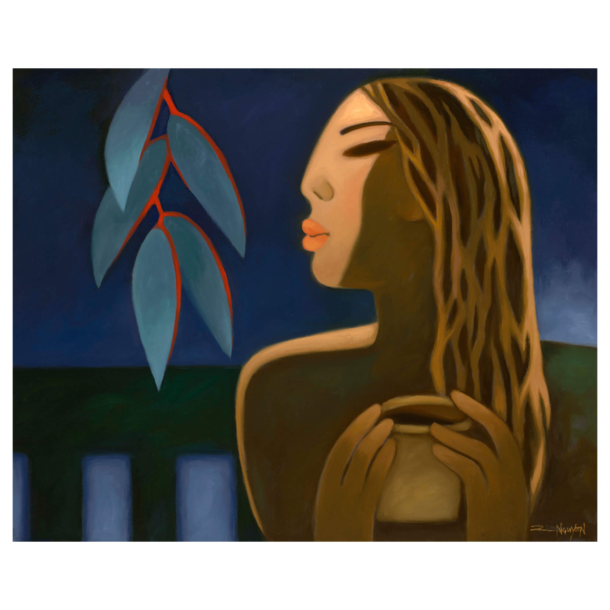 A canvas art print of a woman enjoying the twilight view and her cup of coffee by Hawaii artist Tim Nguyen