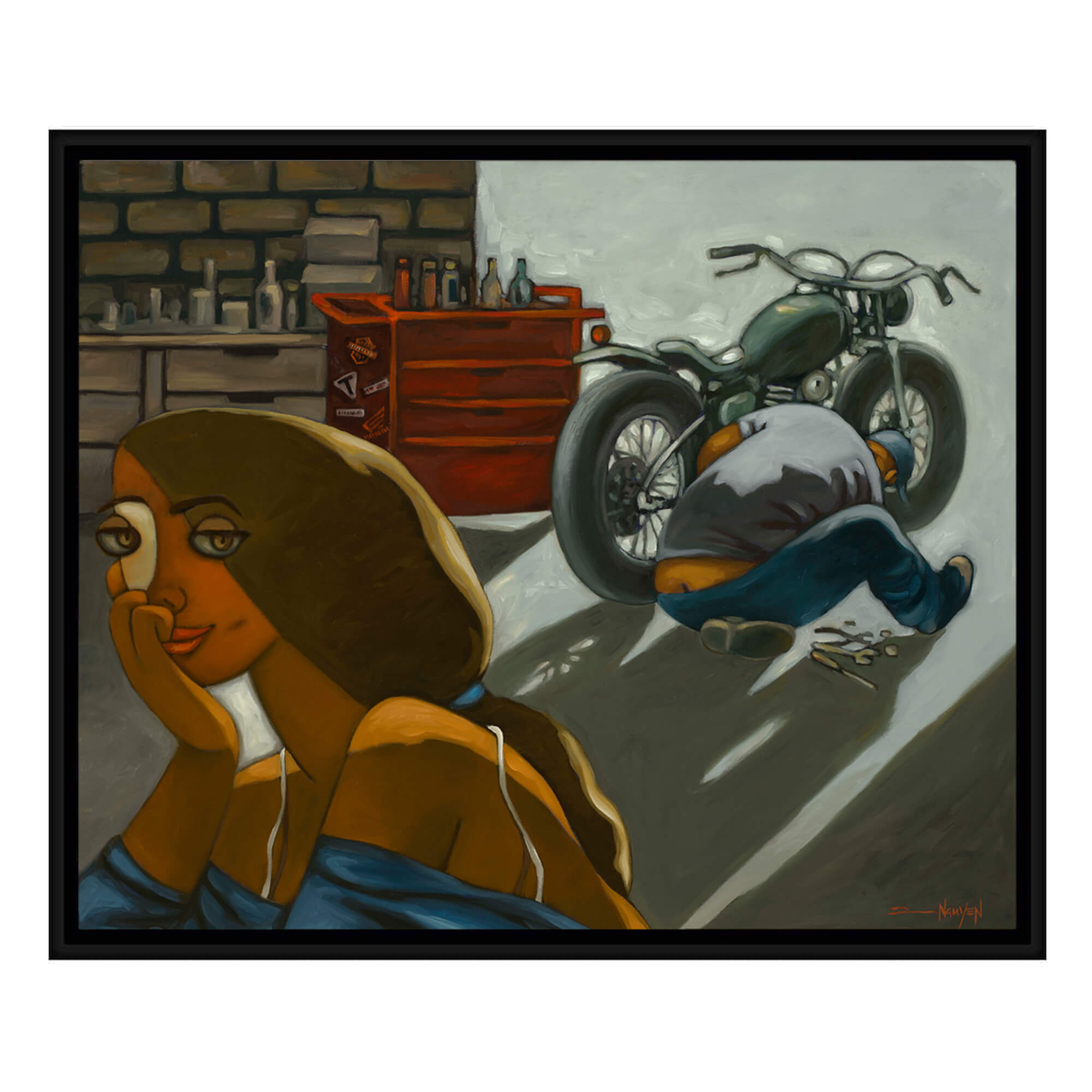 Framed canvas art print of a woman waiting for her motorcycle to be fixed by Hawaii artist Tim Nguyen