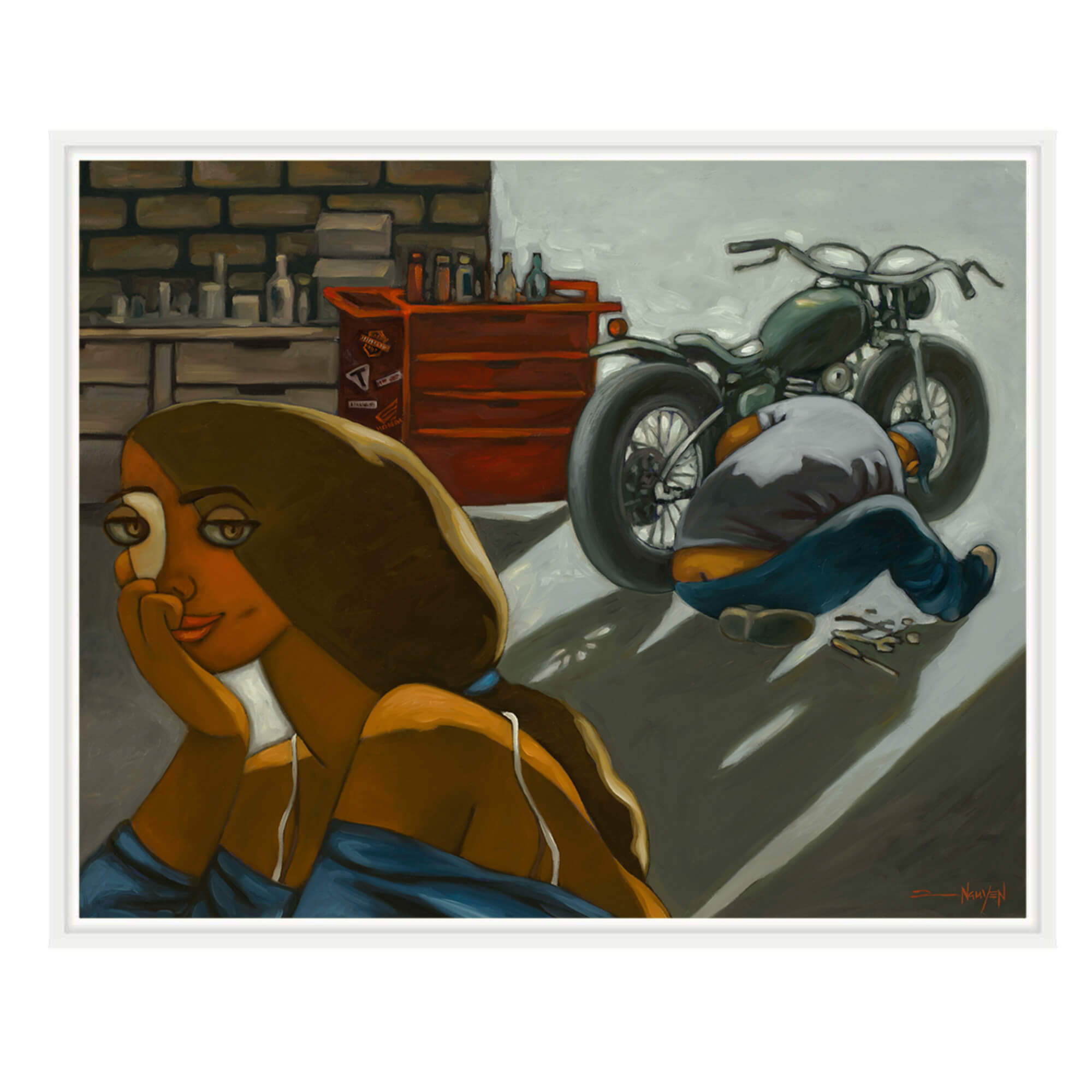 Framed canvas art print of a woman waiting for her vintage motorcycle to be fixed by Hawaii artist Tim Nguyen