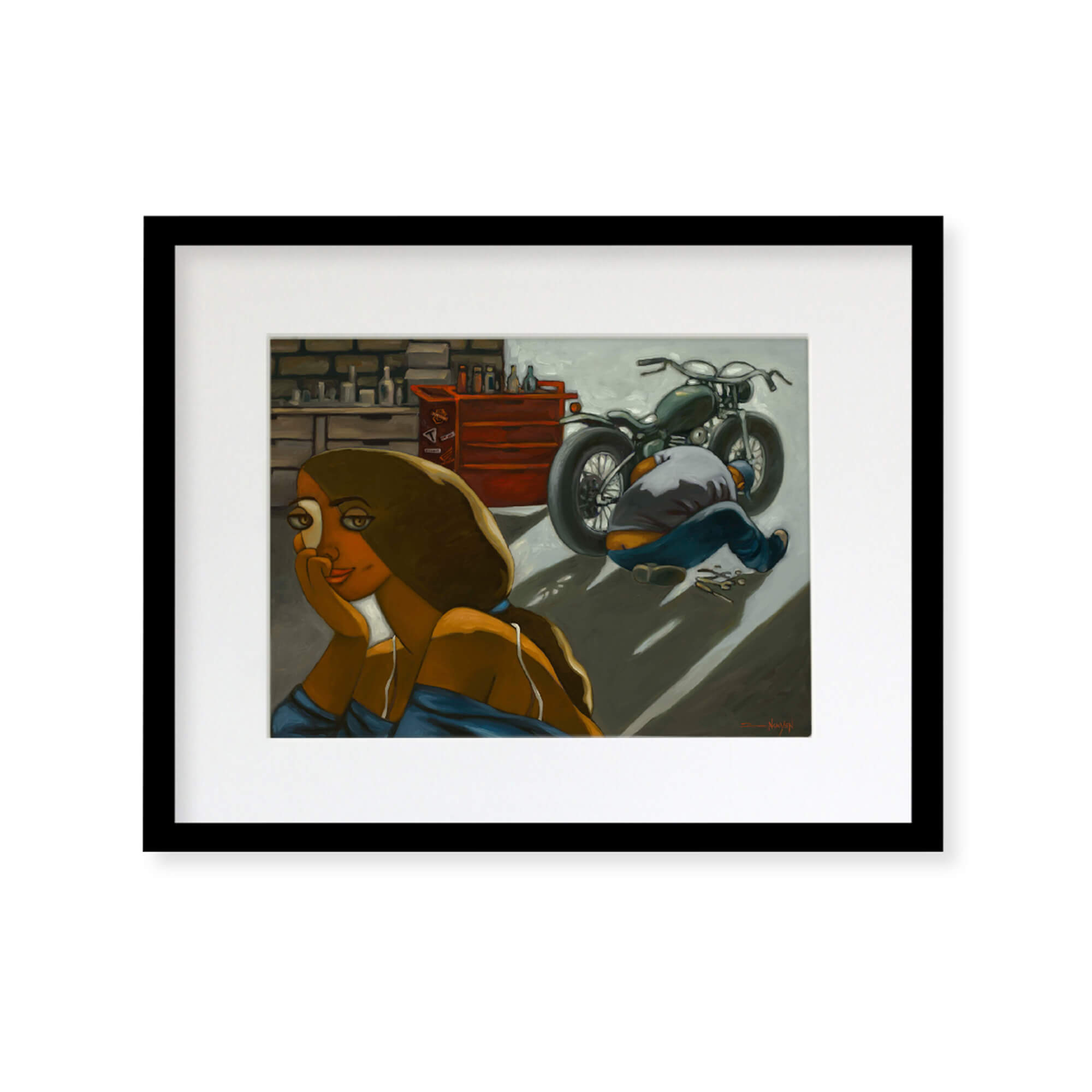 Framed matted art print of a woman and her vintage motorcycle in a mechanic shop by Hawaii artist Tim Nguyen