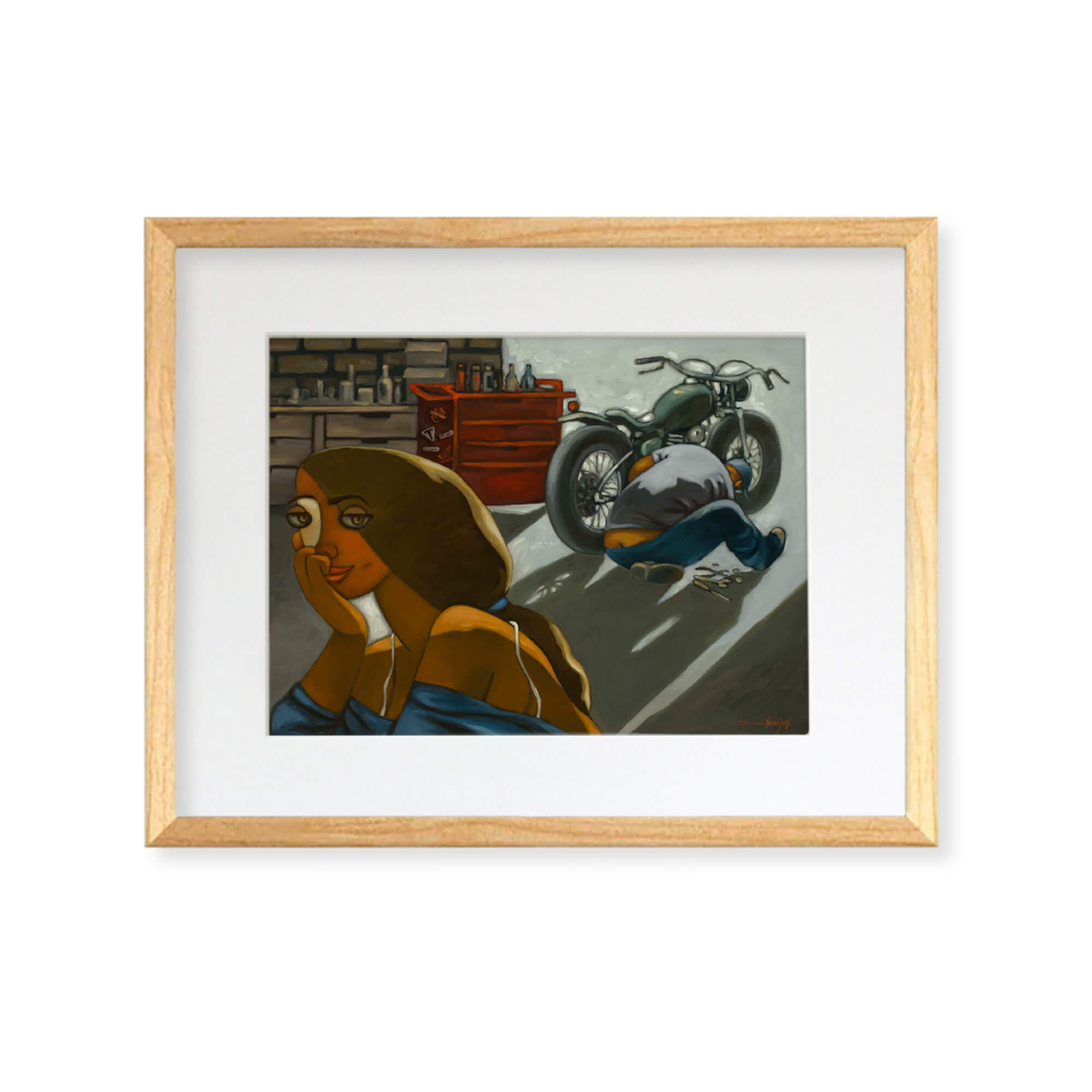 Framed matted print of a woman having her vintage motorcycle fixed in a mechanic shop by Hawaii artist Tim Nguyen