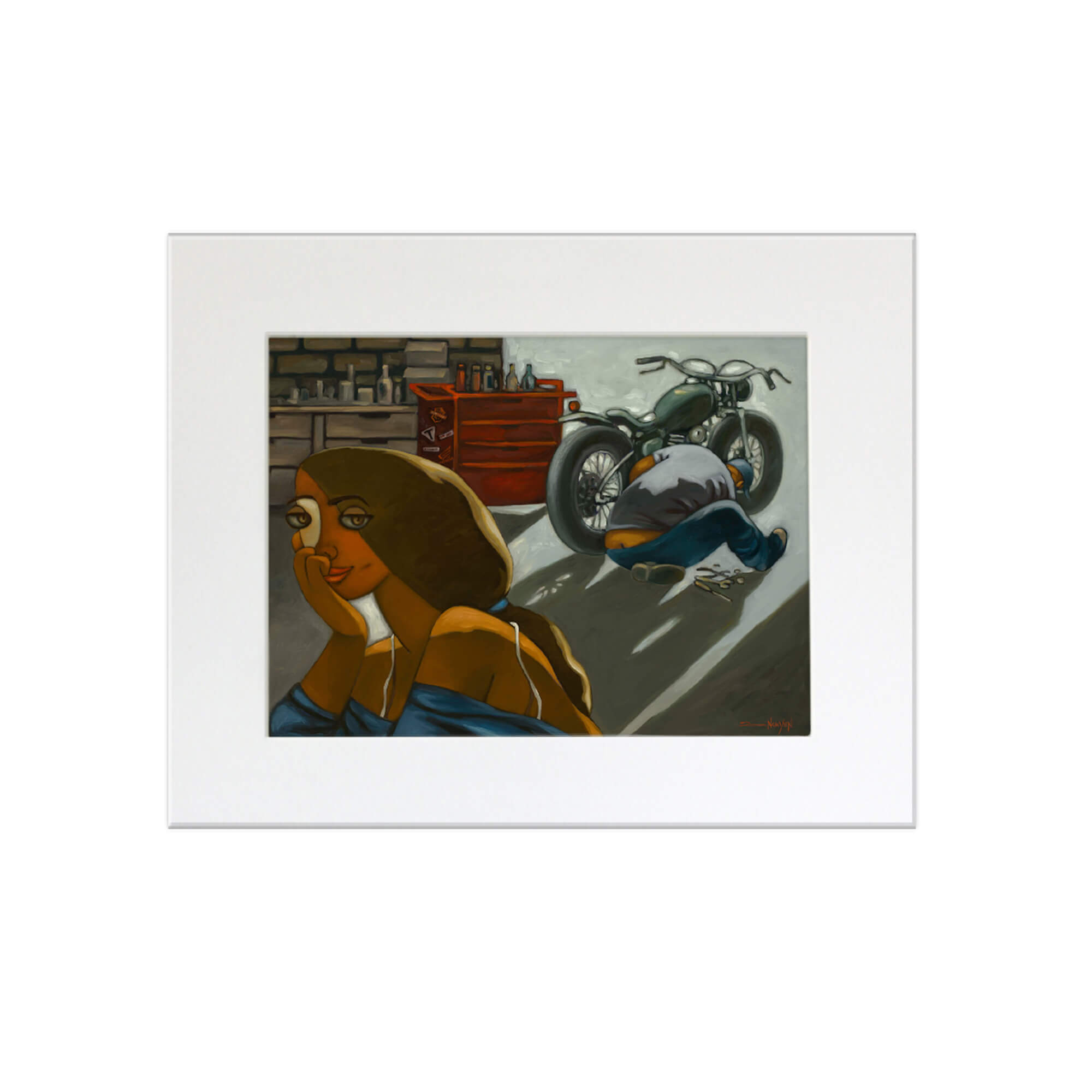 A matted art print of a woman and her vintage motorcycle in a mechanic shop by Hawaii artist Tim Nguyen
