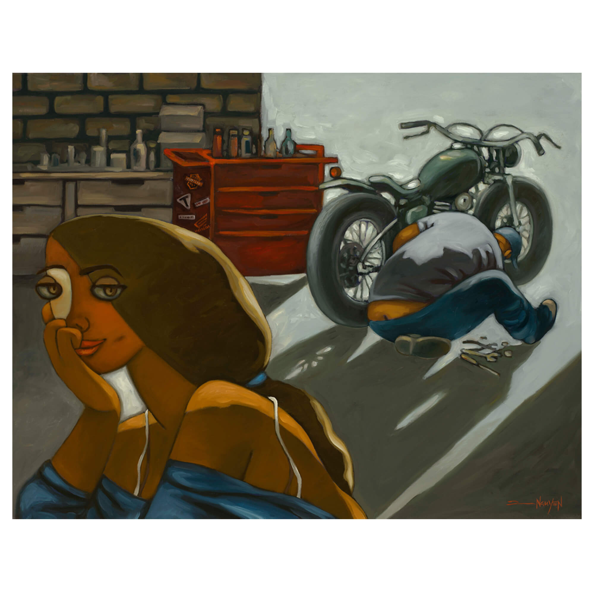 Metal art print of a woman having her motorcycle fixed in a mechanic shop by Hawaii artist Tim Nguyen