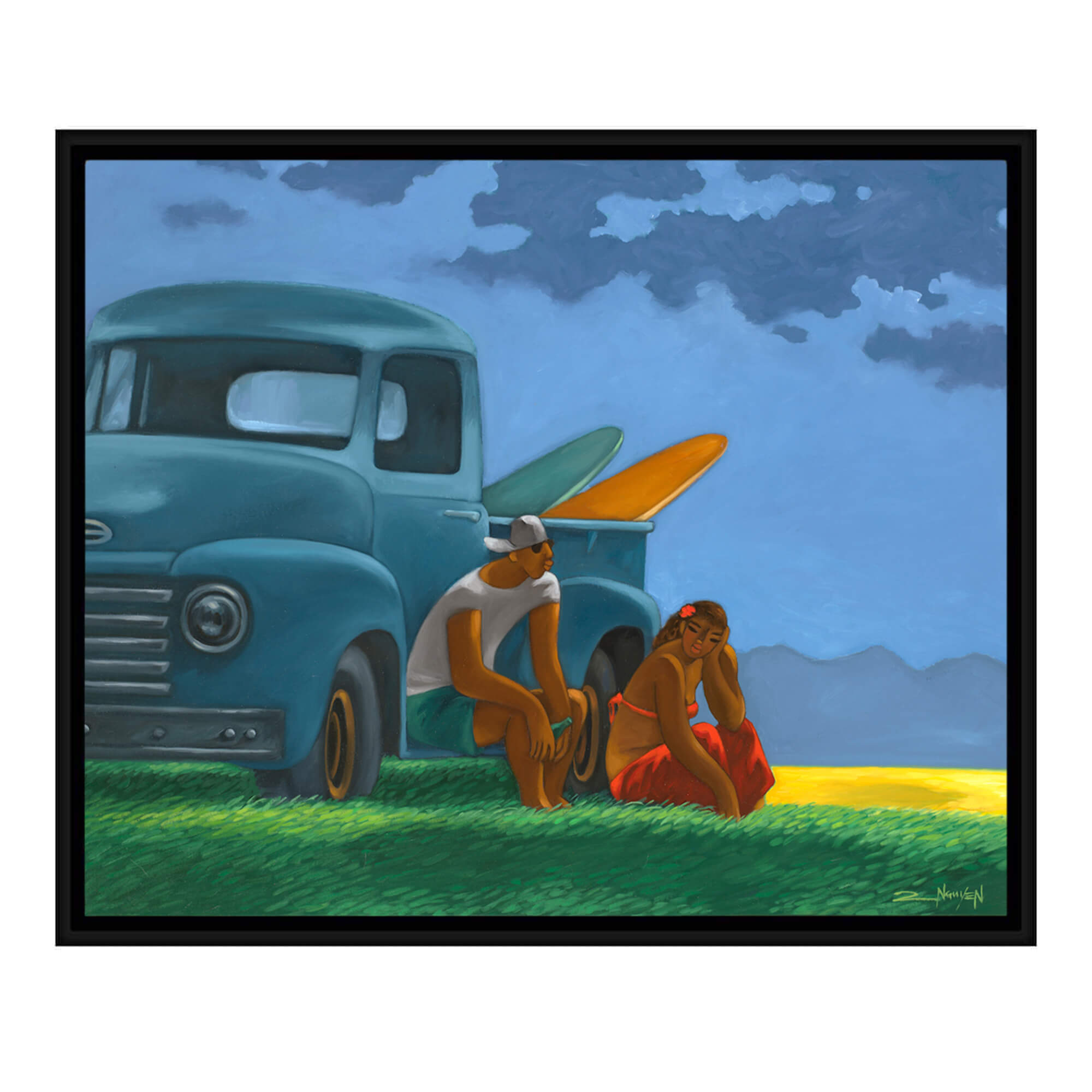 Framed canvas art print of a couple with their surfboards and  vintage truck by Hawaii artist Tim Nguyen