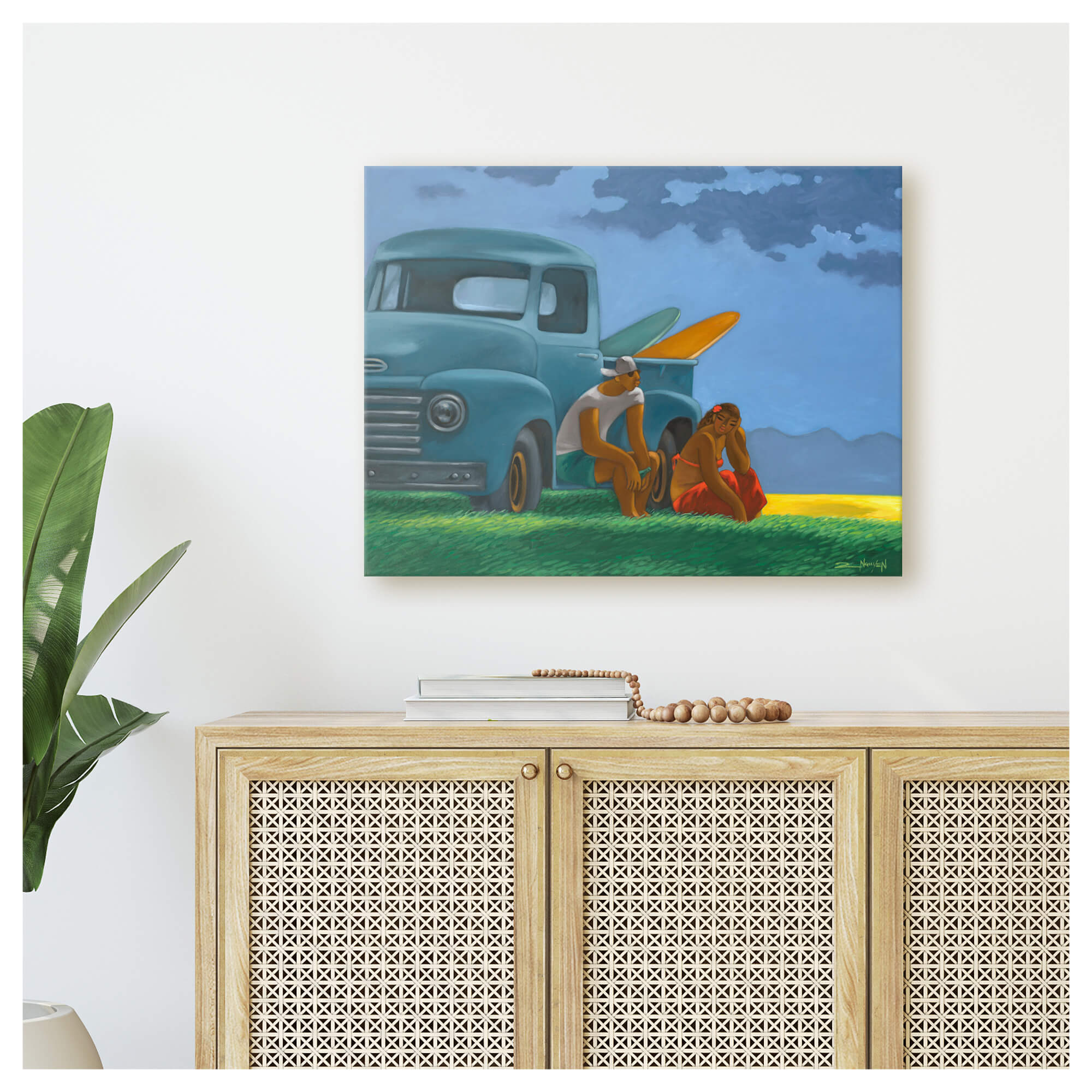 A canvas print of a couple with their surfboards and vintage truck by Hawaii artist Tim Nguyen