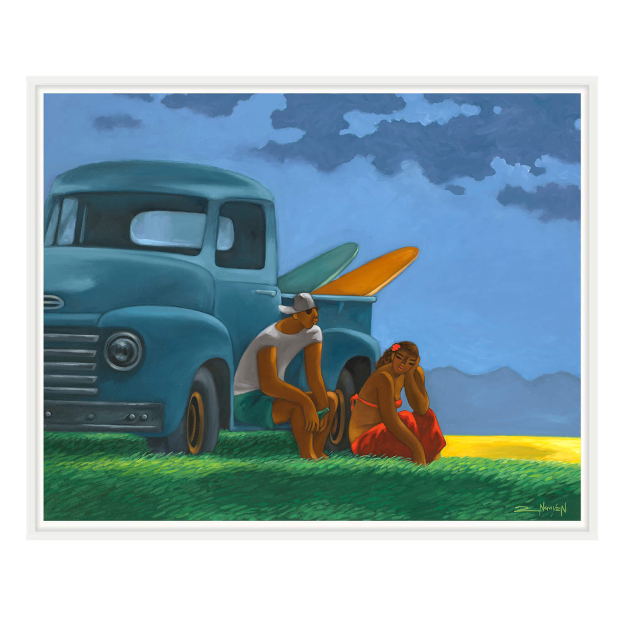 Framed canvas art print of sitting on the green field by their vintage Chevrolet truck by Hawaii artist Tim Nguyen