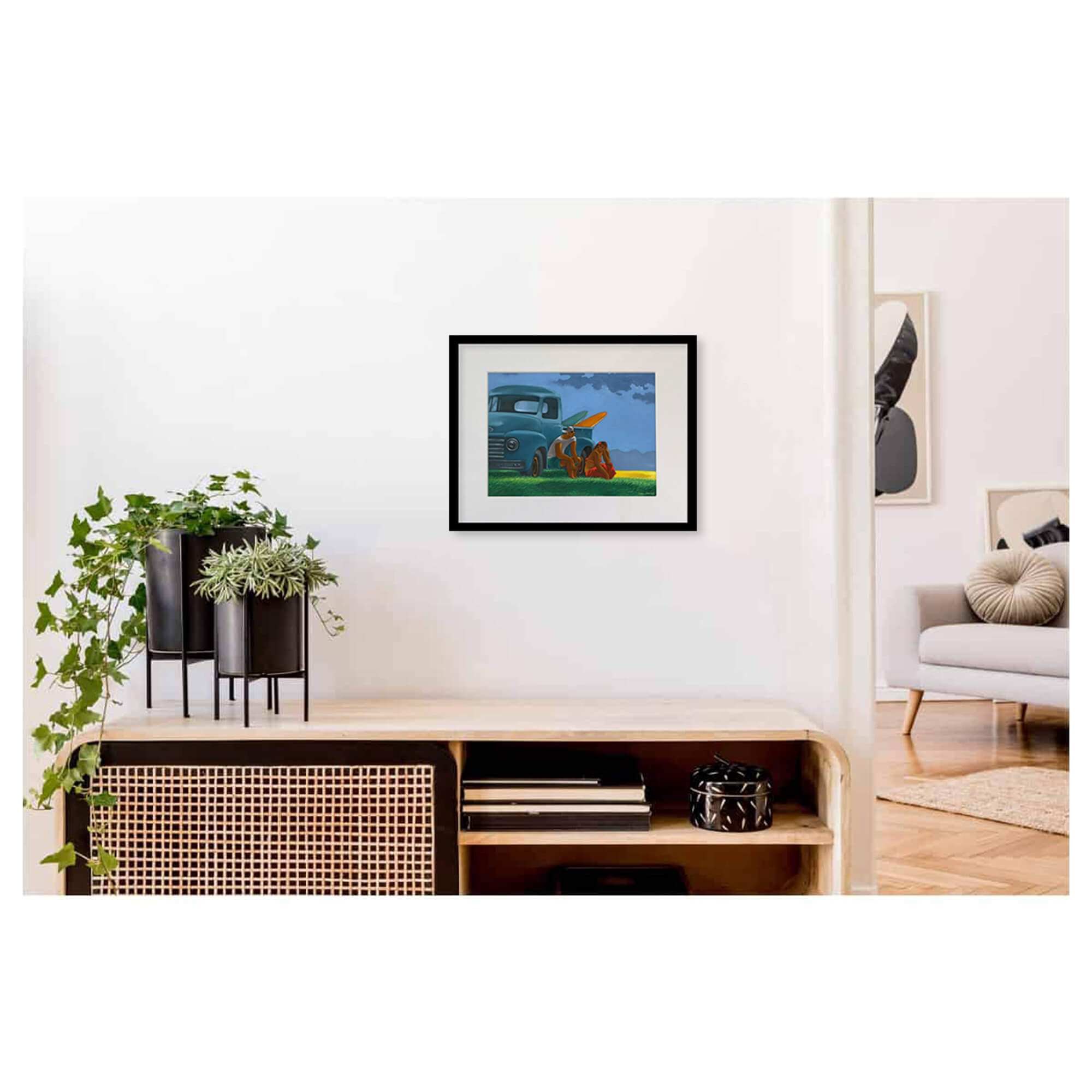 Framed matted art print of a couple with their surfboards and vintage truck by Hawaii artist Tim Nguyen