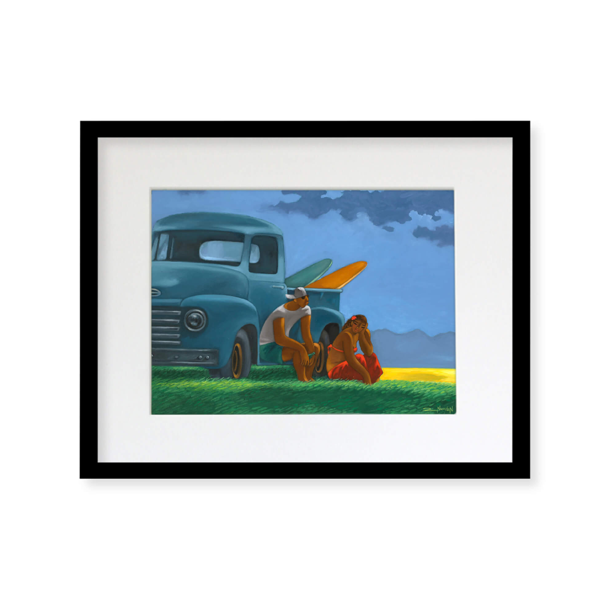 Framed matted art print of a couple with their surfboards and  vintage truck by Hawaii artist Tim Nguyen