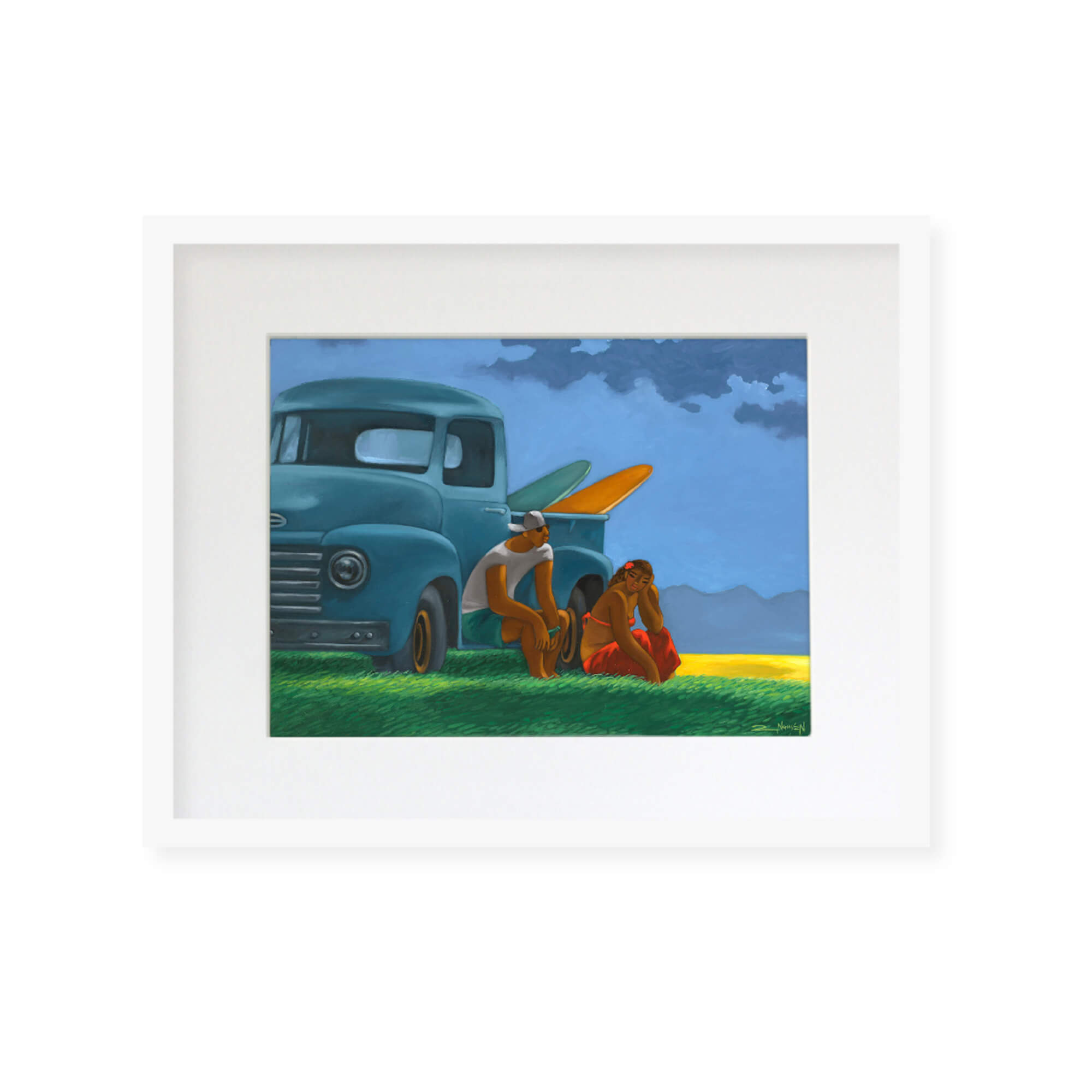 Framed matted art print of a couple sitting on the green field by their vintage truck by Hawaii artist Tim Nguyen