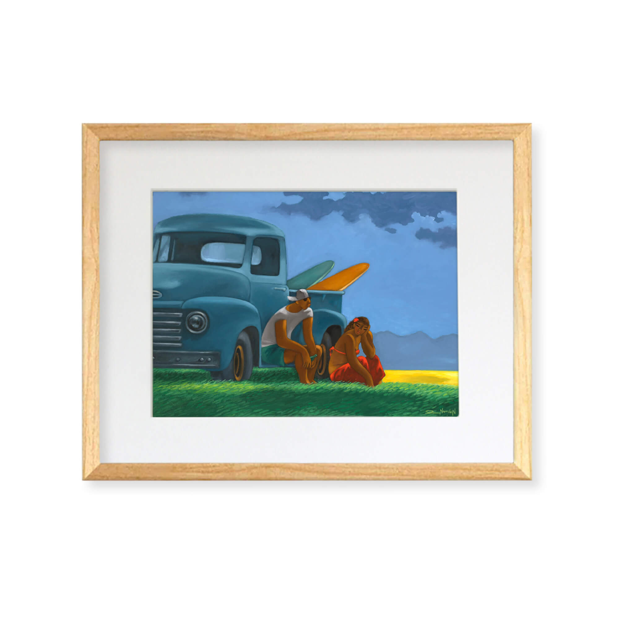 Framed matted art print of sitting on the green field by their vintage Chevrolet truck by Hawaii artist Tim Nguyen