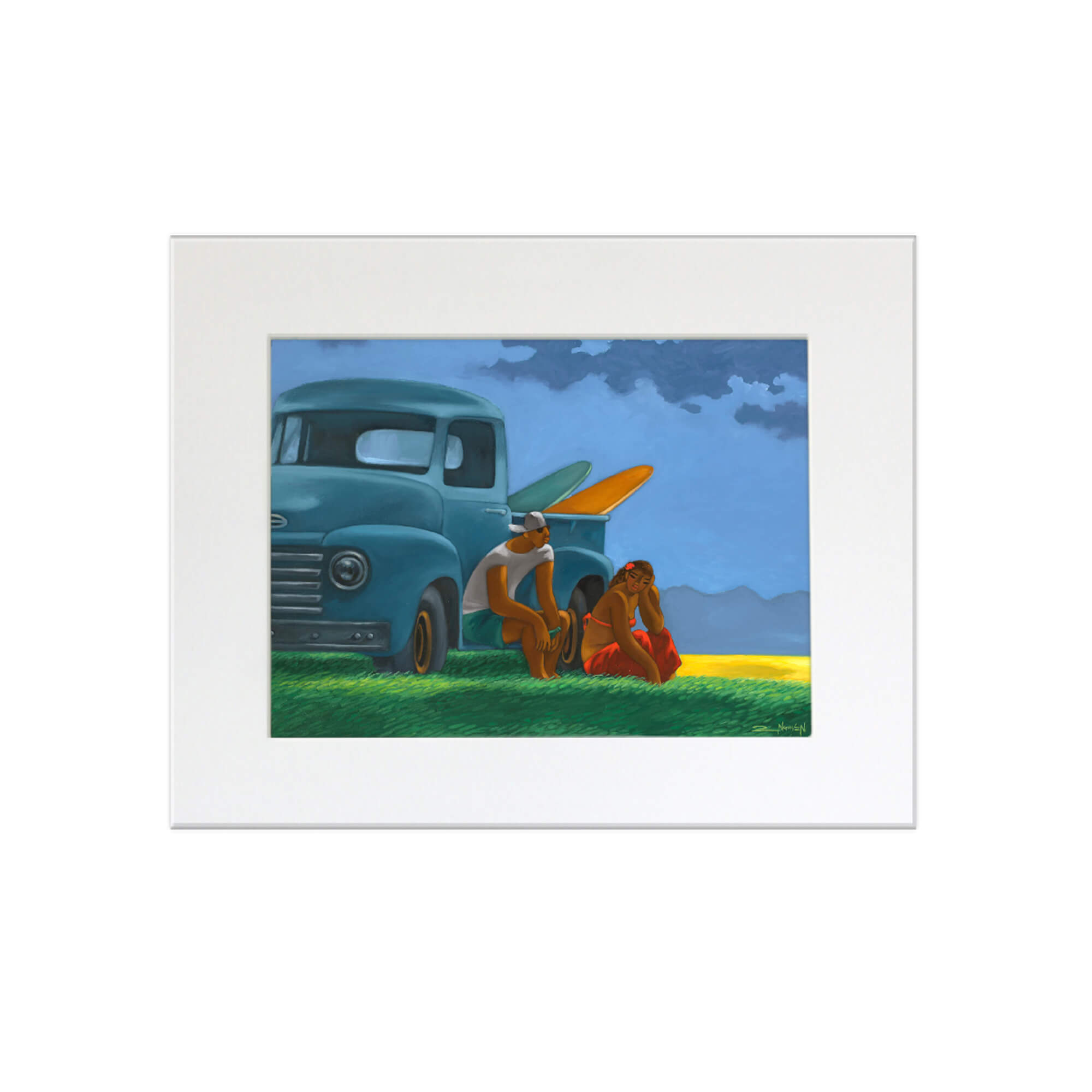 A matted art print of a couple with their surfboards and  vintage truck by Hawaii artist Tim Nguyen