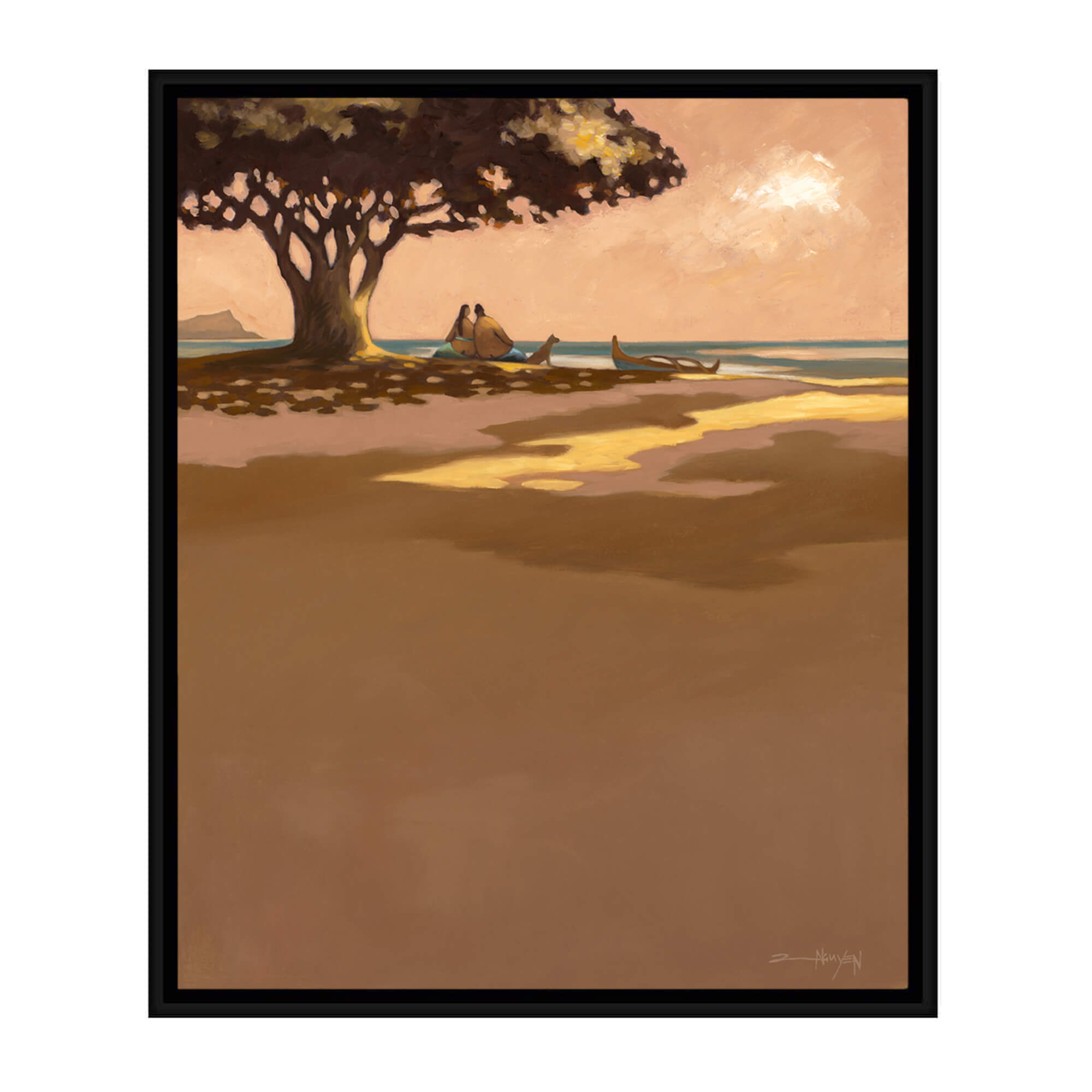 Framed canvas art print of a couple enjoying the sunset view by Hawaii artist Tim Nguyen