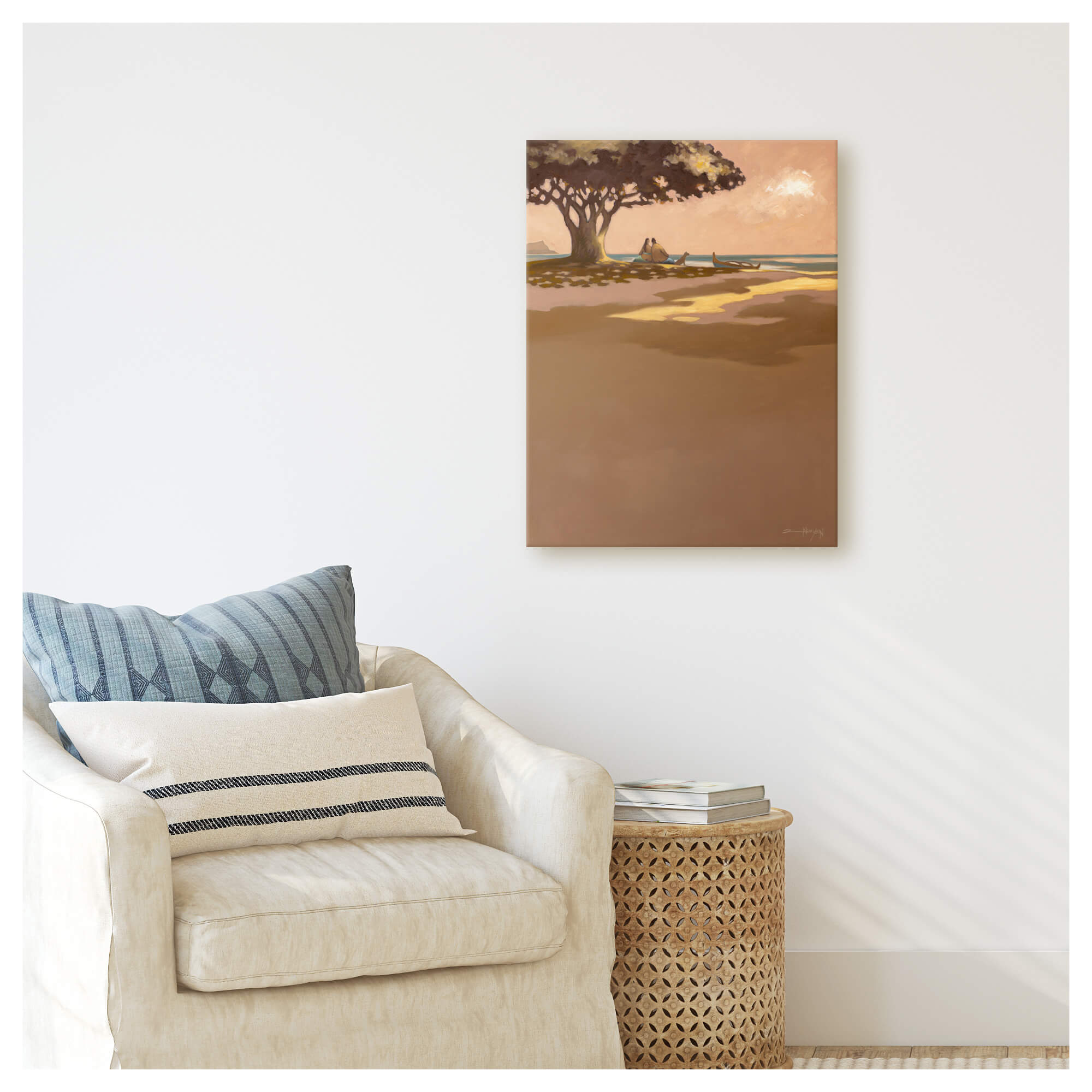 A canvas art print of a couple enjoying the sunset view at the beach under a tree by Hawaii artist Tim Nguyen