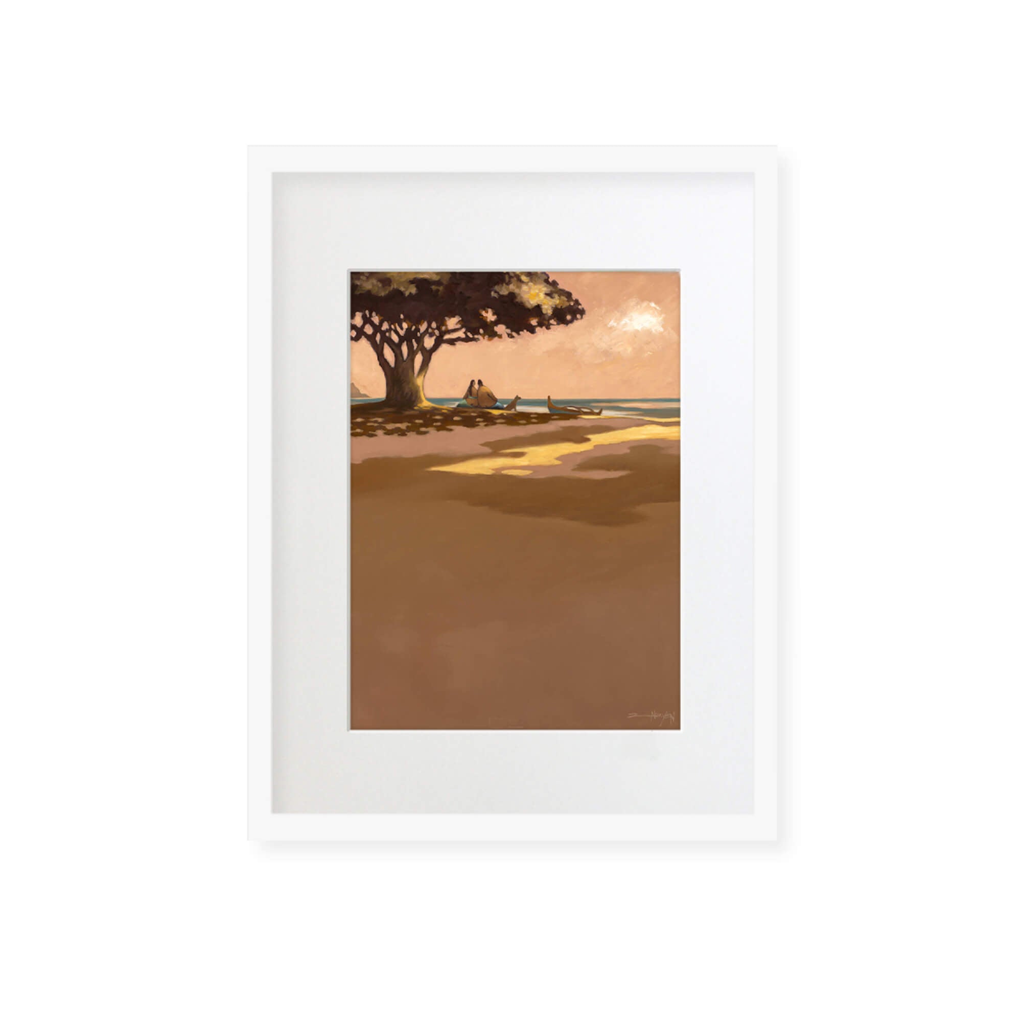 Framed matted art print of a couple with their dog enjoying the sunset view by Hawaii artist Tim Nguyen