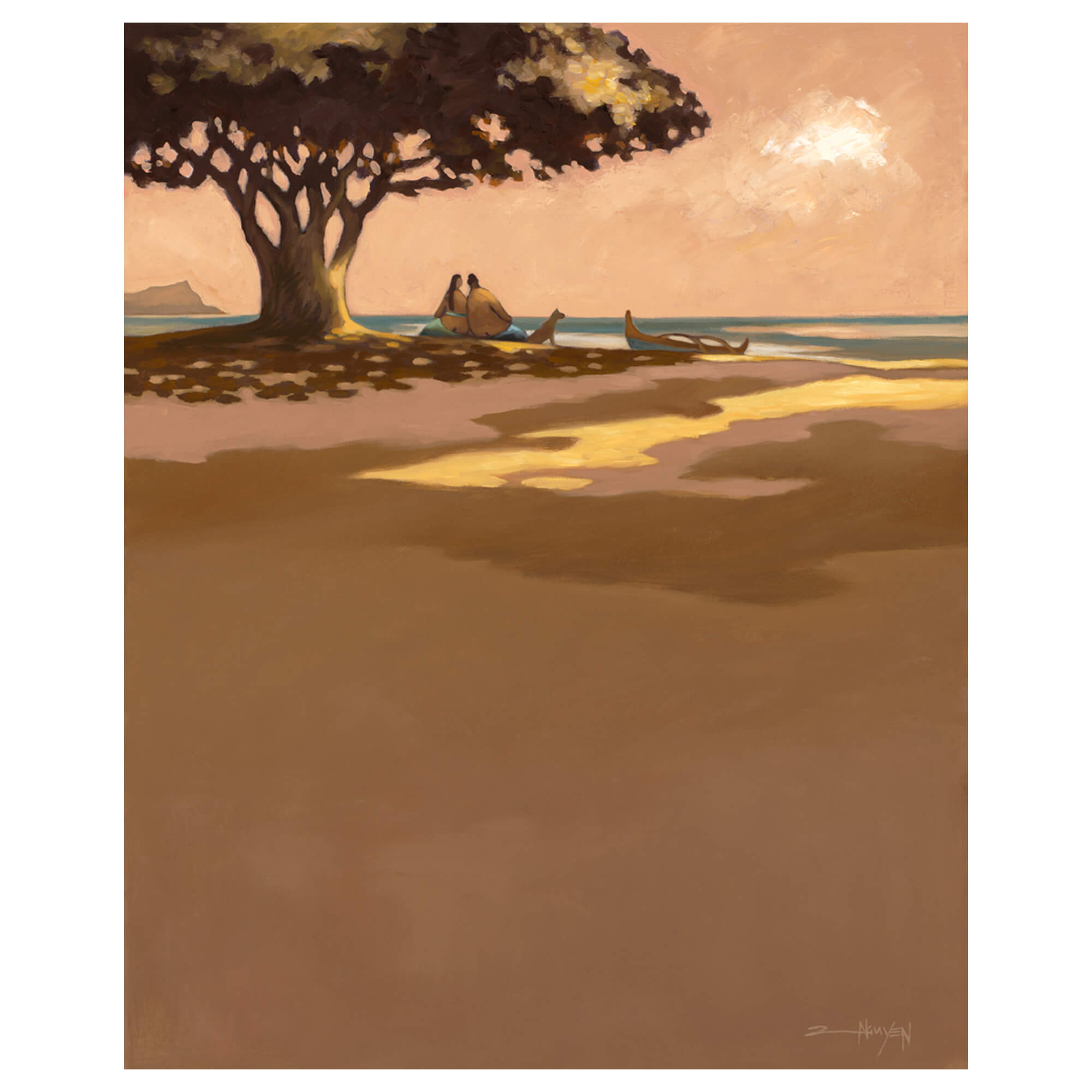 A matted art print of a couple and their dog enjoying a peaceful sunset by Hawaii artist Tim Nguyen