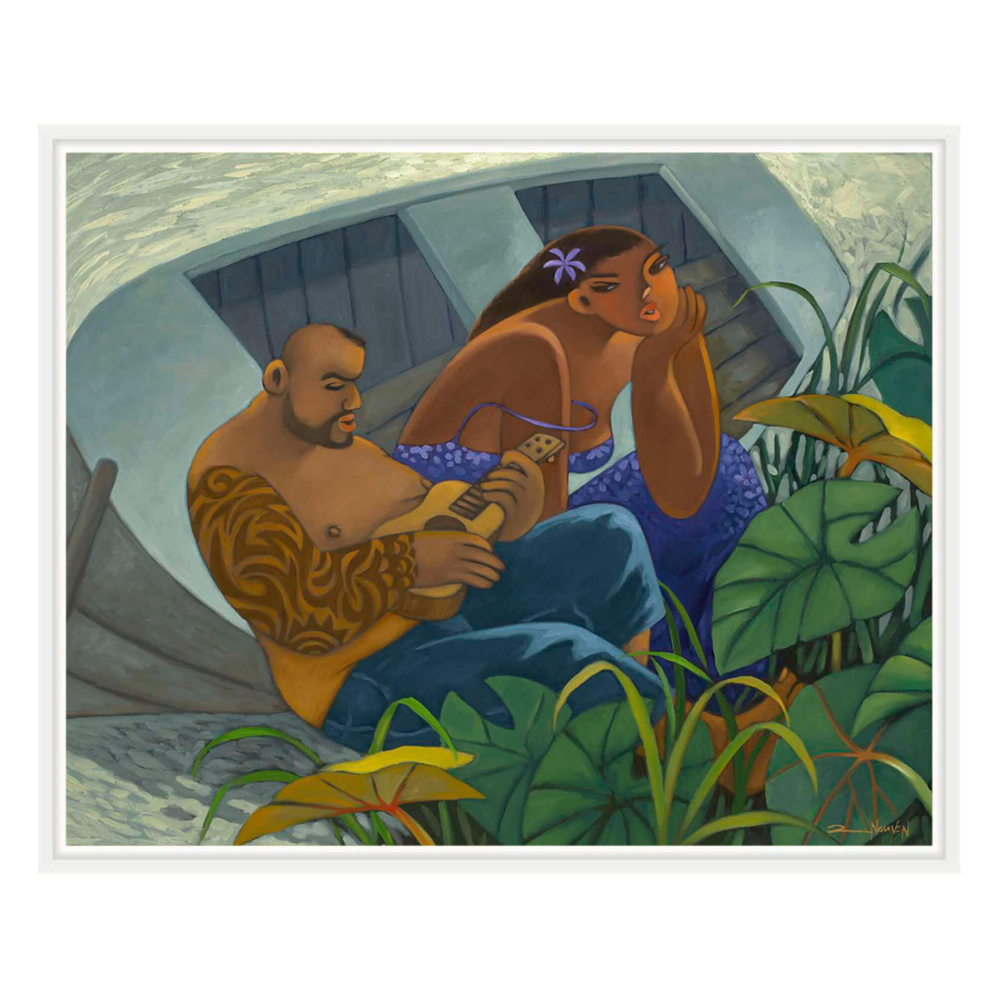 Framed canvas art print of a man singing for a woman with a ukulele at the beach by Hawaii artist Tim Nguyen